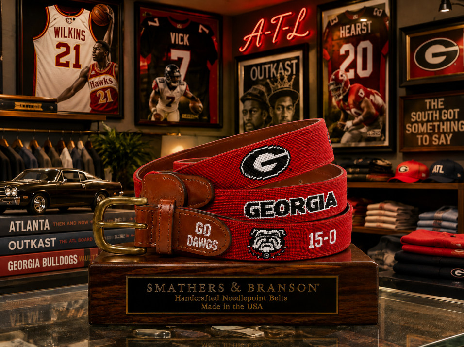 Smathers & Branson UGA Georgia Bulldogs Red Needlepoint Belt  Leather 44 NWT