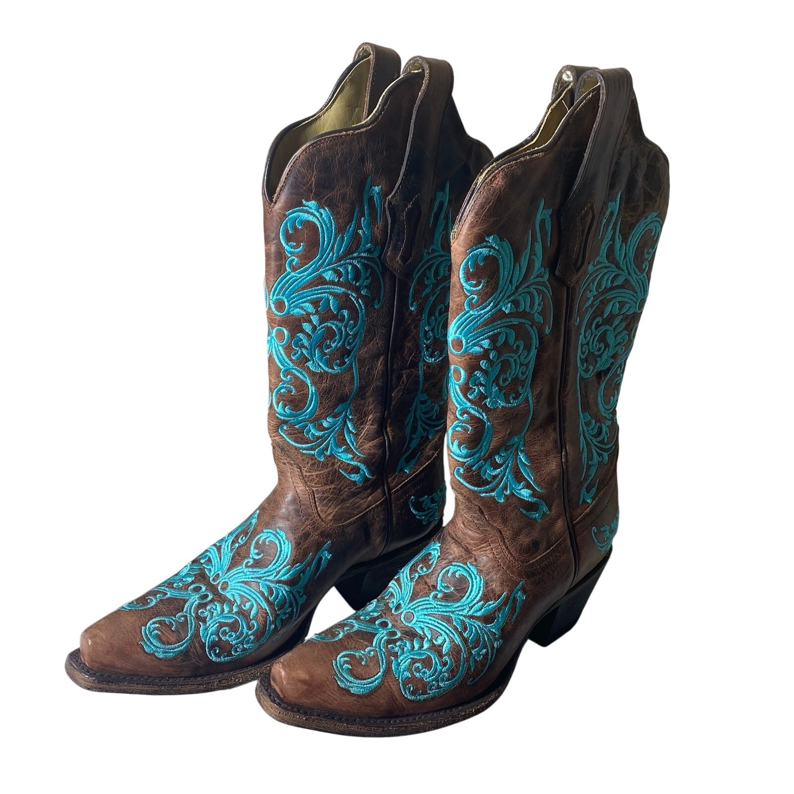 CORRAL Women’s Brown Leather Cowboy Boots Turquoise Embroidered Western 6.5 M