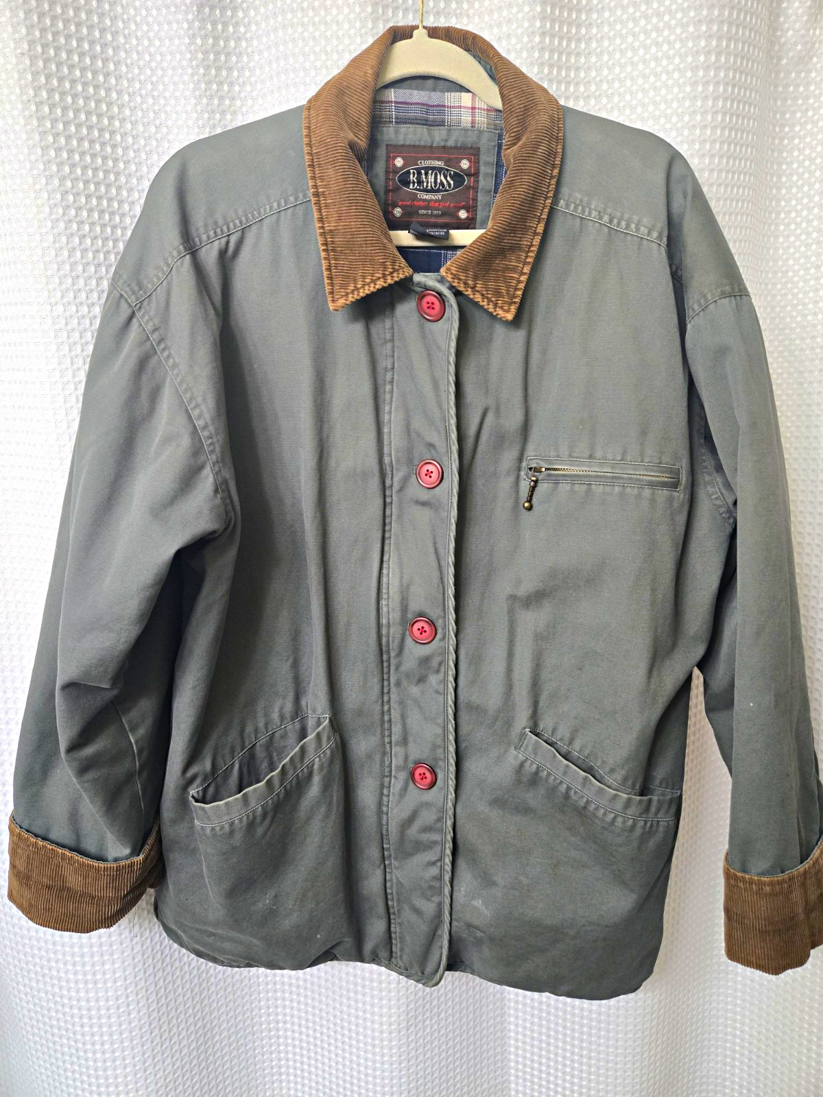 Vintage B. Moss Womens L Green Barn Coat w/ Brown Corduroy Collar Plaid Lined