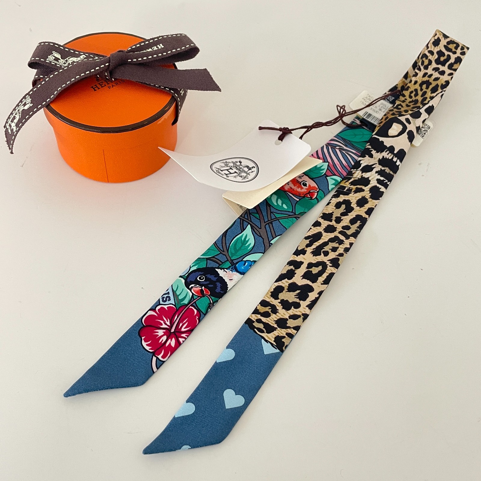 HERMES Mini Twilly Doll Jungle Love Love Leopard Silk Scarf Unused with Box