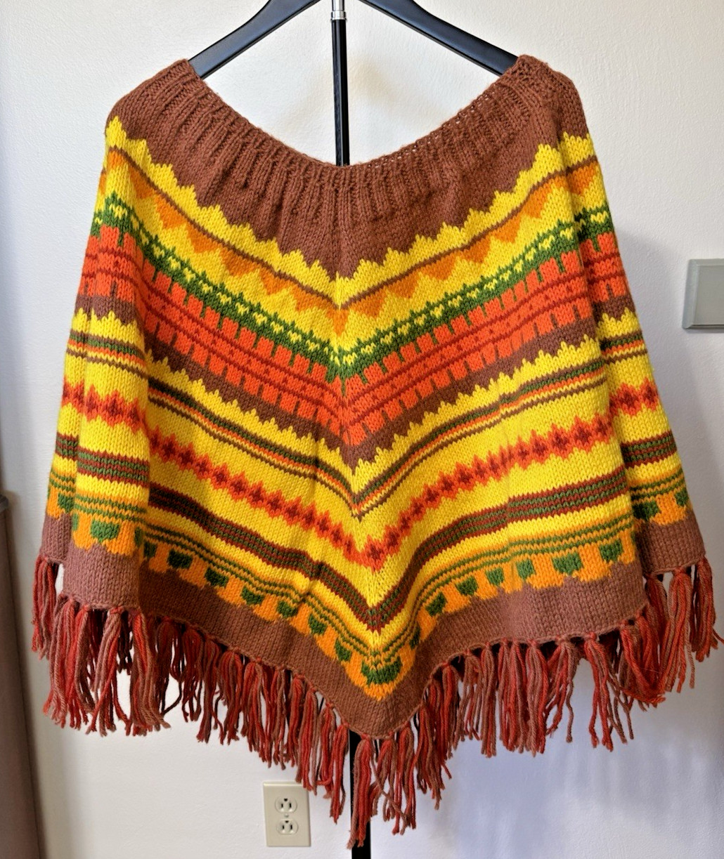 70\'s Handmade Crochet Poncho W/Fringe Fair Isle Style Brown Yellow Orange Boho