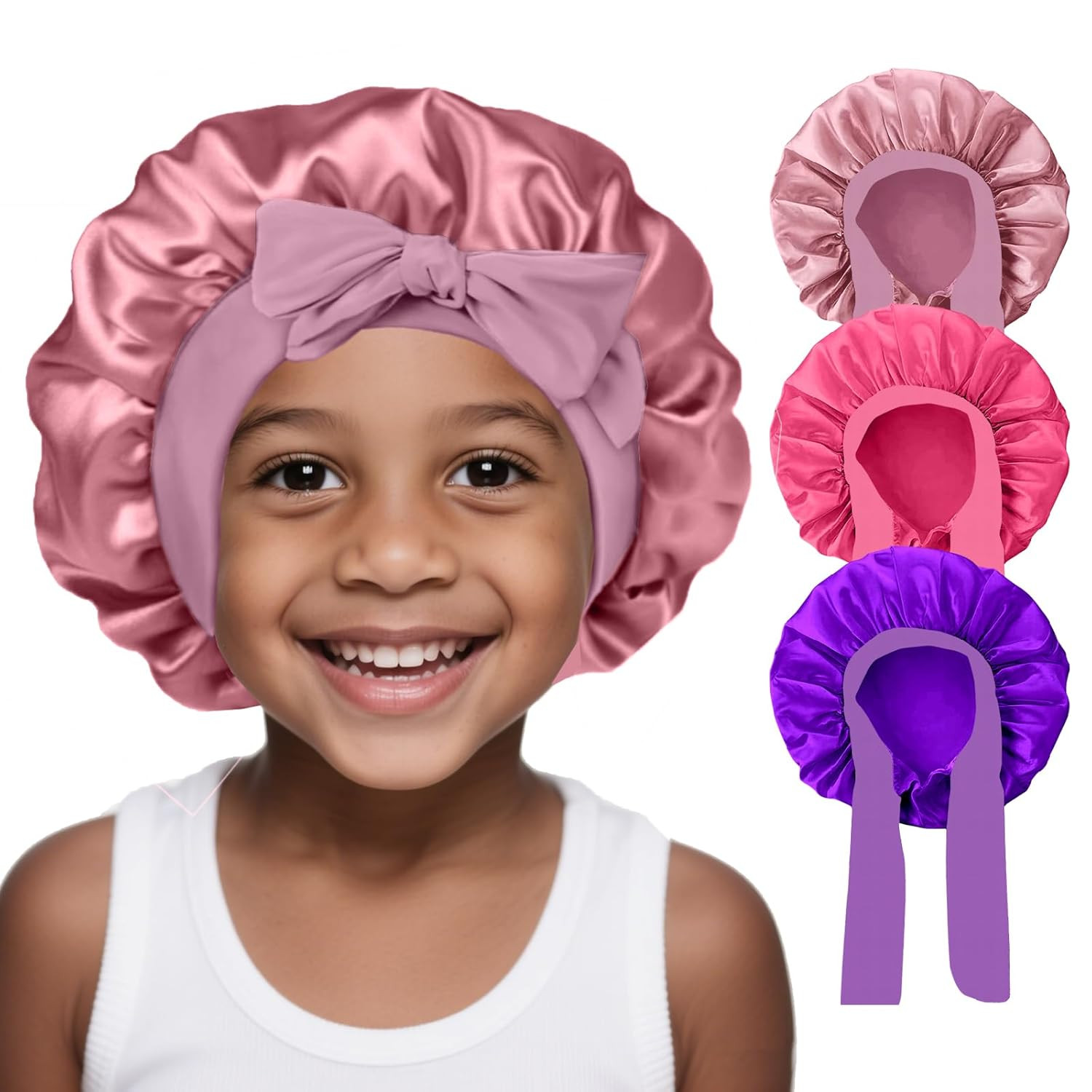 3 Pcs Kids Silk Bonnet for Sleeping-Baby Kids Satin Hair Bonnet for Curly Hair