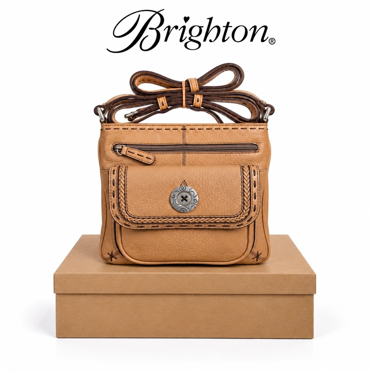 Brighton Tan Pebbled Leather Whipstitch Crossbody Organizer Bag Medallion