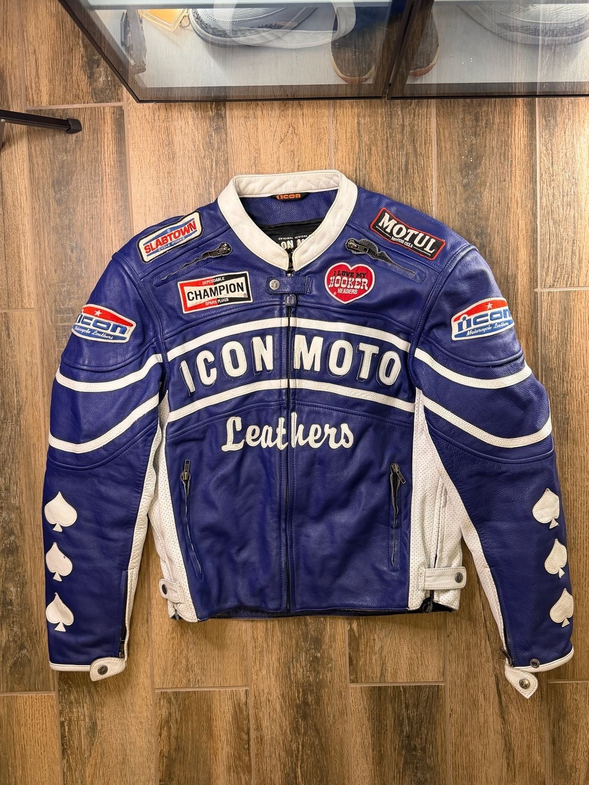 Vintage Icon Moto Motorcycle Racing Leather Jacket Red White Blue M GREAT COND