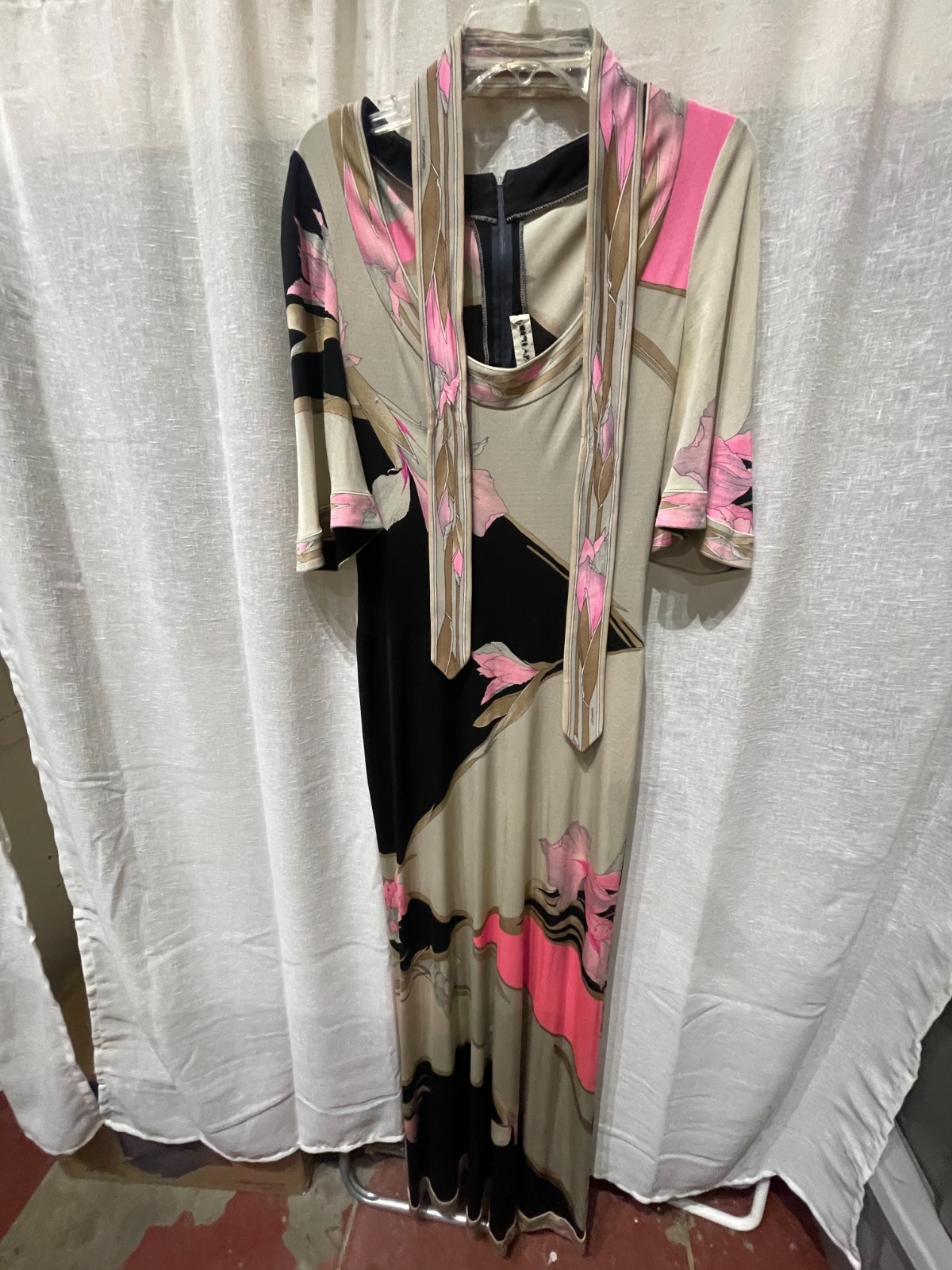 Vintage 70s Leonard Paris Silk Jersey Maxi Dress Taupe Black Pink Floral Sash 