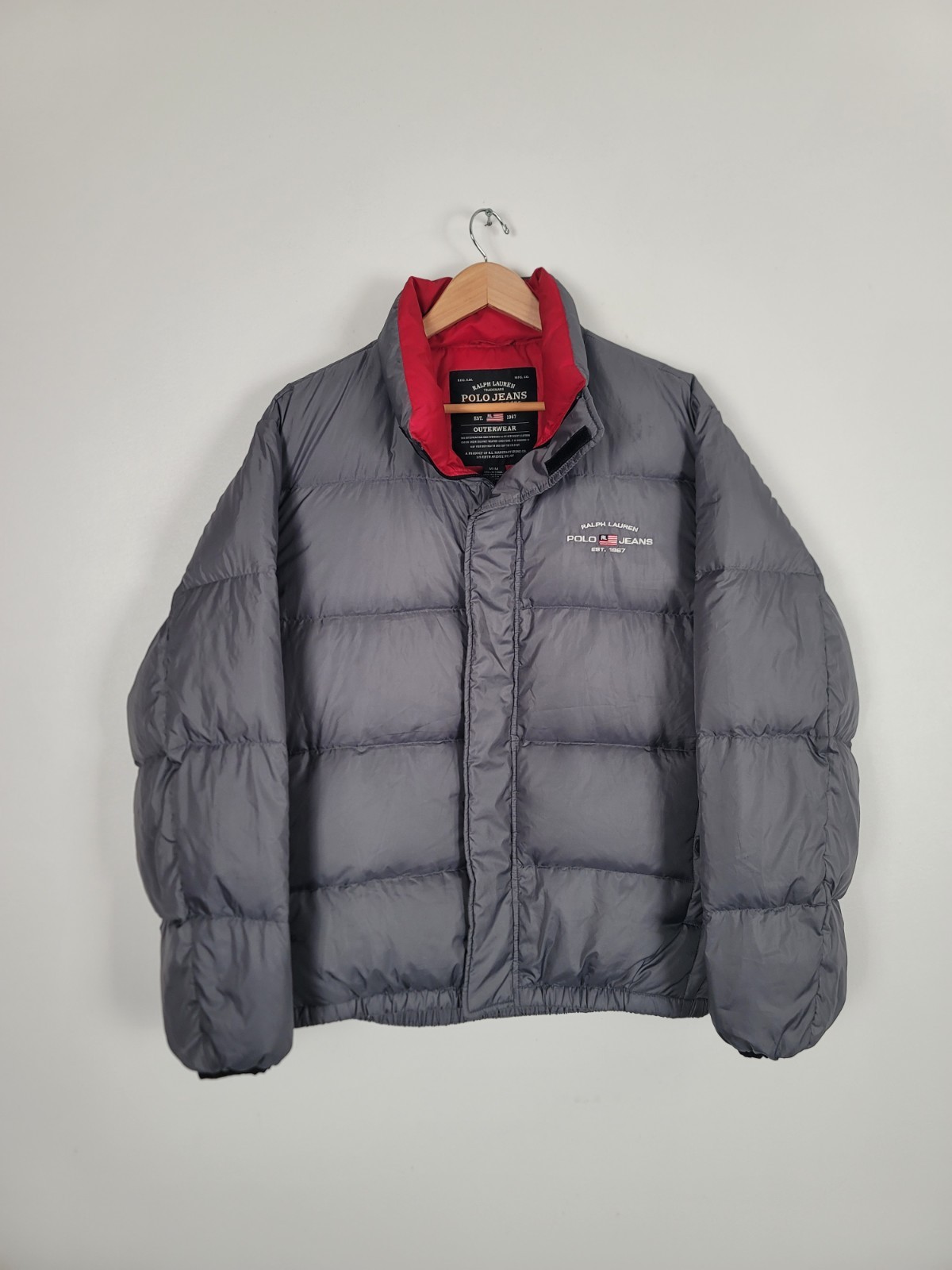 Vintage Polo Ralph Lauren Mens Medium Down Puffer Jacket Coat Gray Full Zip 90s