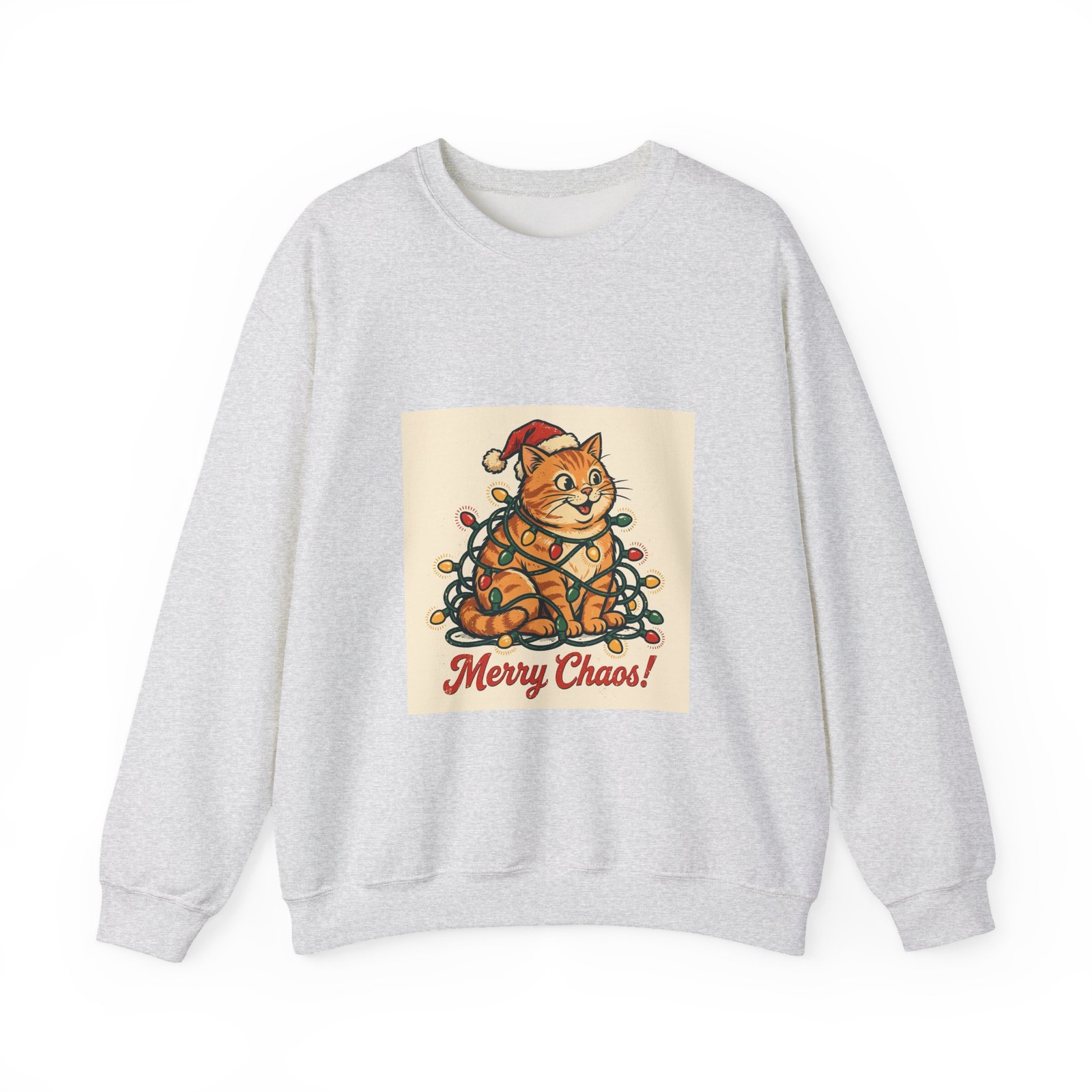 Merry Chaos Christmas Cat Sweatshirt - Retro Vintage Funny Cat in Lights