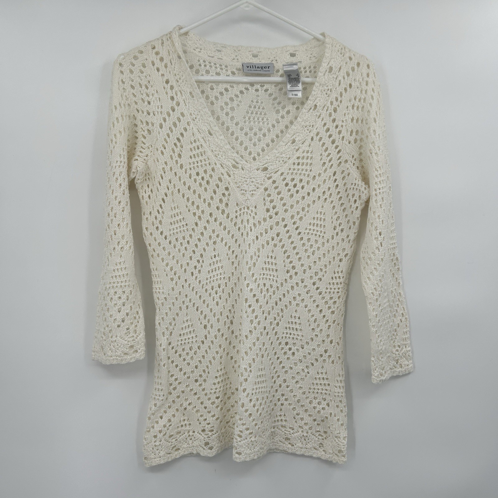 Womens Open Knit Crochet V-Neck Top Size S Boho Coastal Beach Festival Fairy