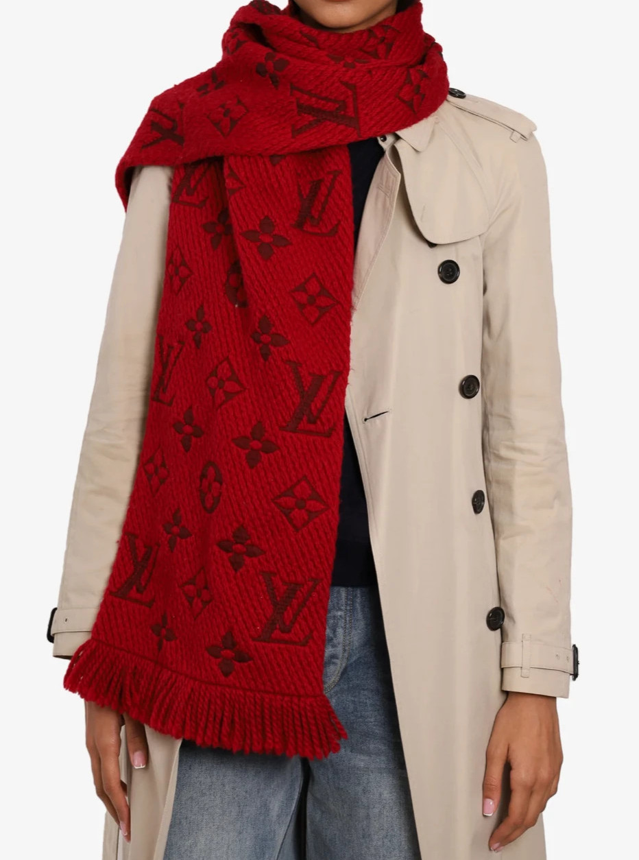 Auth Louis Vuitton Monogram Logomania Red Wool Scarf Ref M72432 Made in Italy