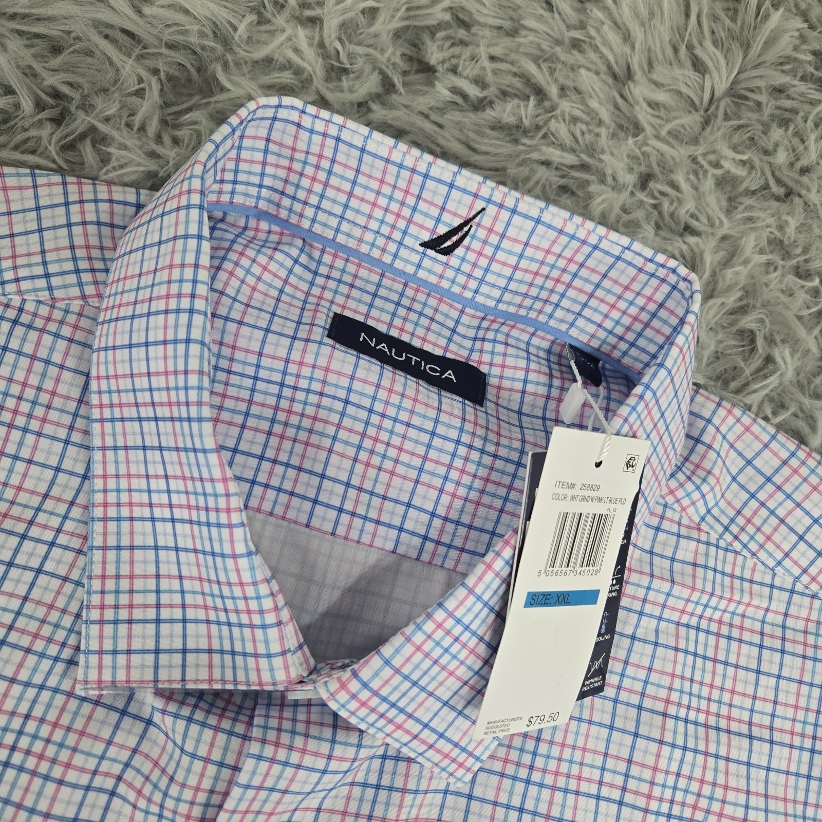 Nautica Men XXL White Pink Light Blue Plaid Performance Short Sleeve Dress Shirt