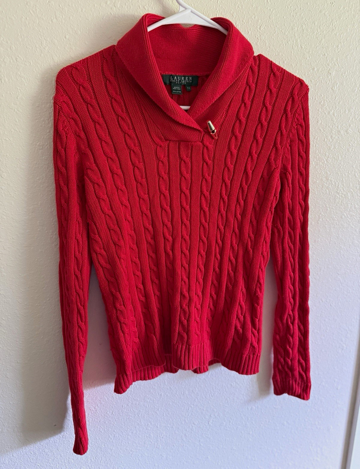 Lauren Ralph Lauren Petite Small Red Cable Knit Collared Sweater 100% Cotton