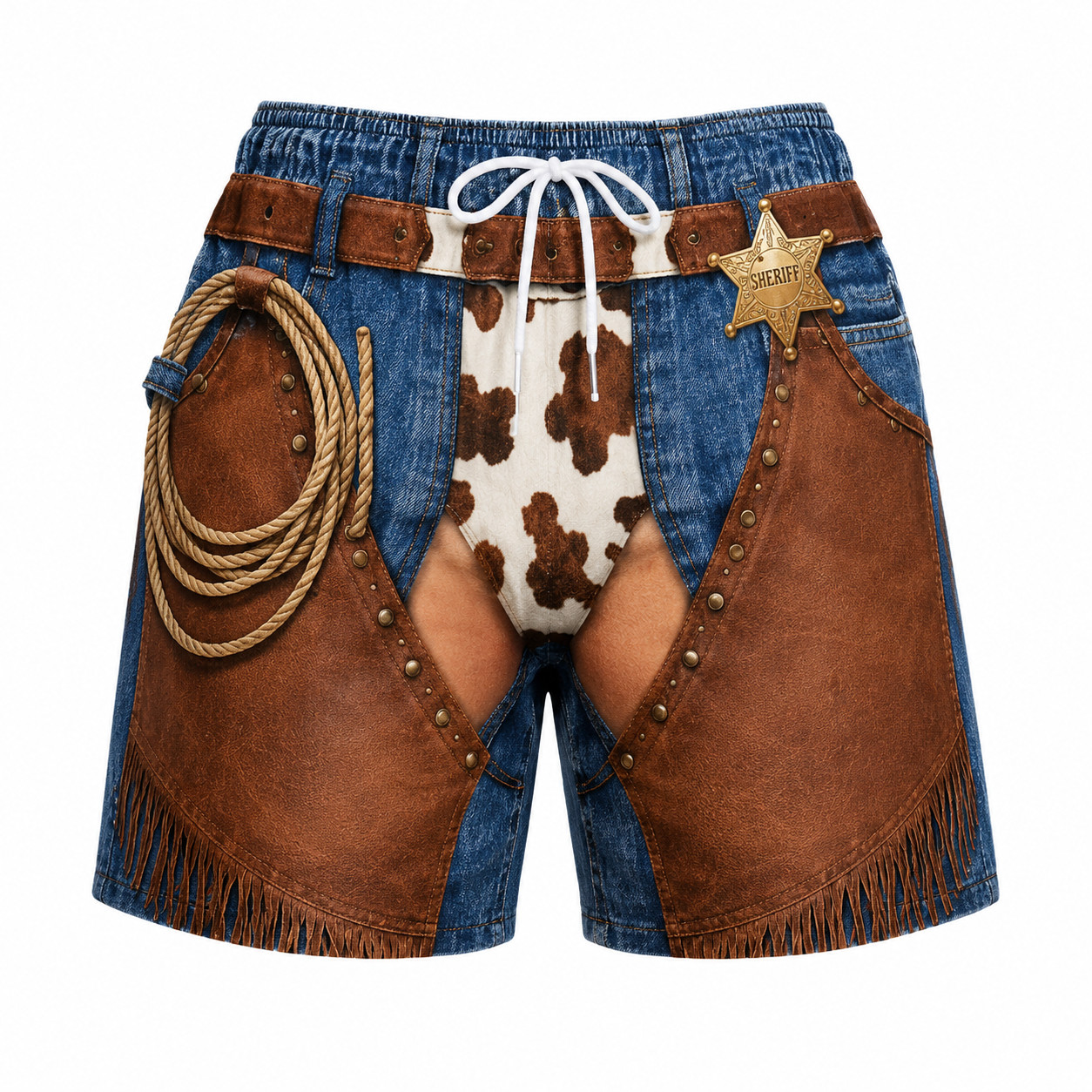 Funny Cowboy Denim Beach Shorts, Badge Trunks Beach Funny Men Summer Shorts