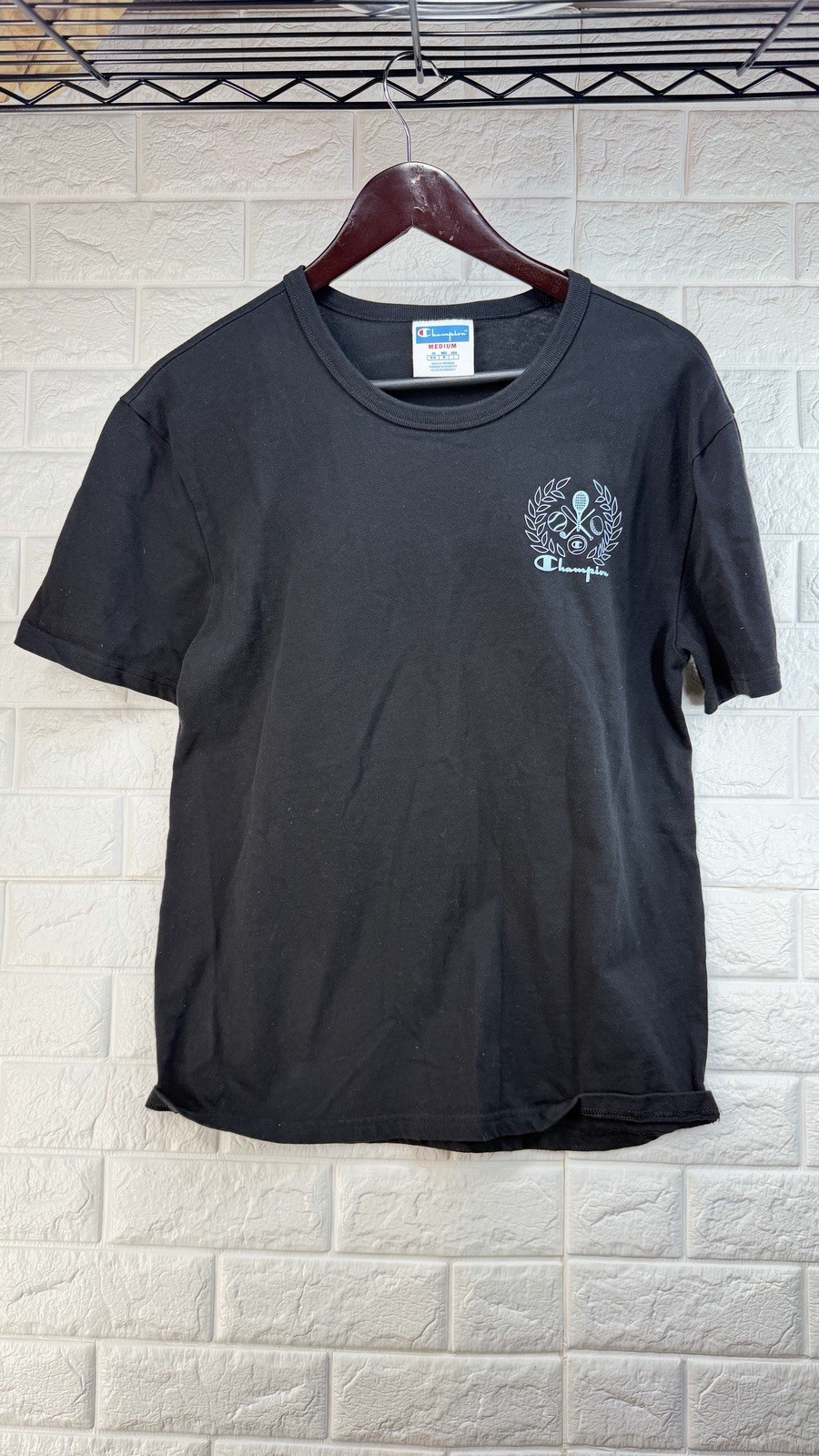 Vintage Champion Script Tennis Sports Logo T Shirt Black Medium