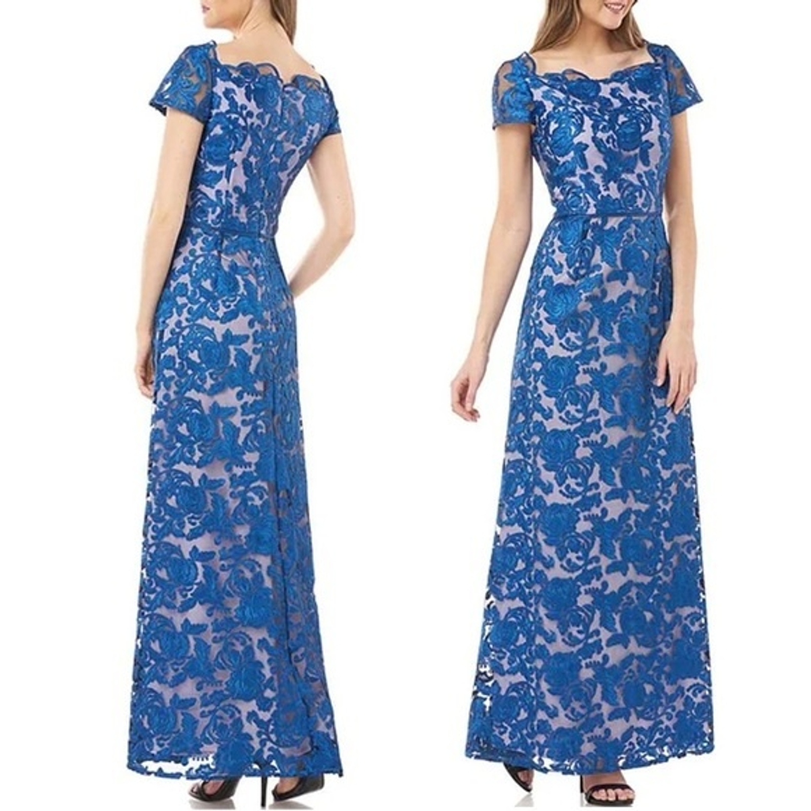 NWT JS Collections Illusion Lace Scallop Square Neck A-Line Gown Size 8