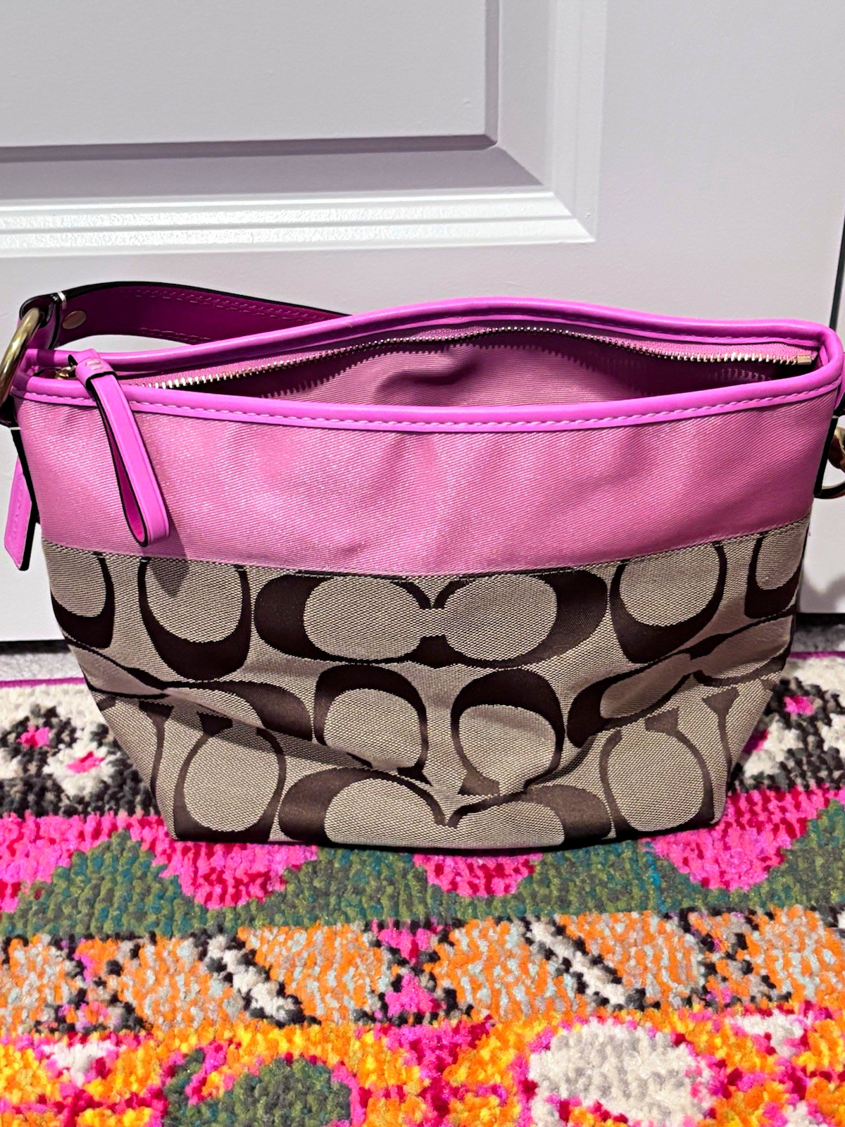 💕 Y2K Coach Signature Khaki Pink Stripe Shoulder Bag Monogram Vintage 11957