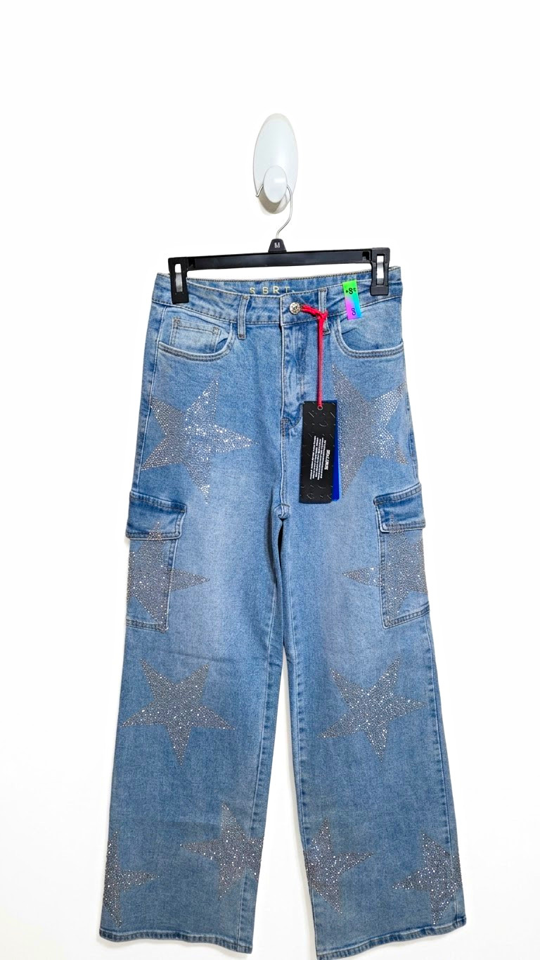 Vibrant M.i.U. XPT150 Rhinestone Star Cargo Jeans Womens Sz 5 NWT High Waist Y2K