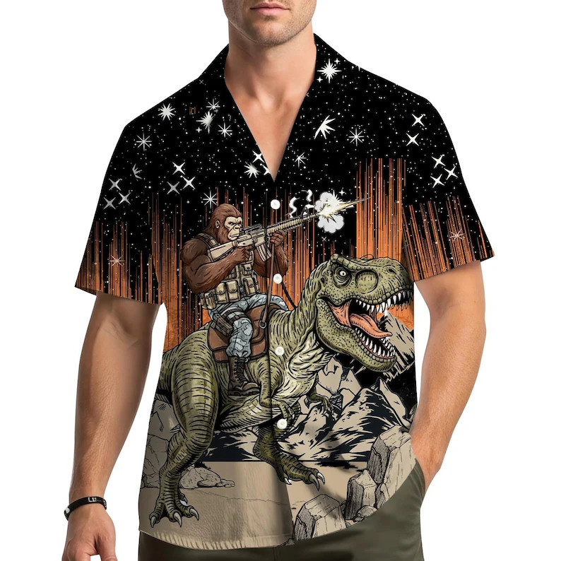 Bigfoot Riding Dinosaur Hawaiian Shirt
