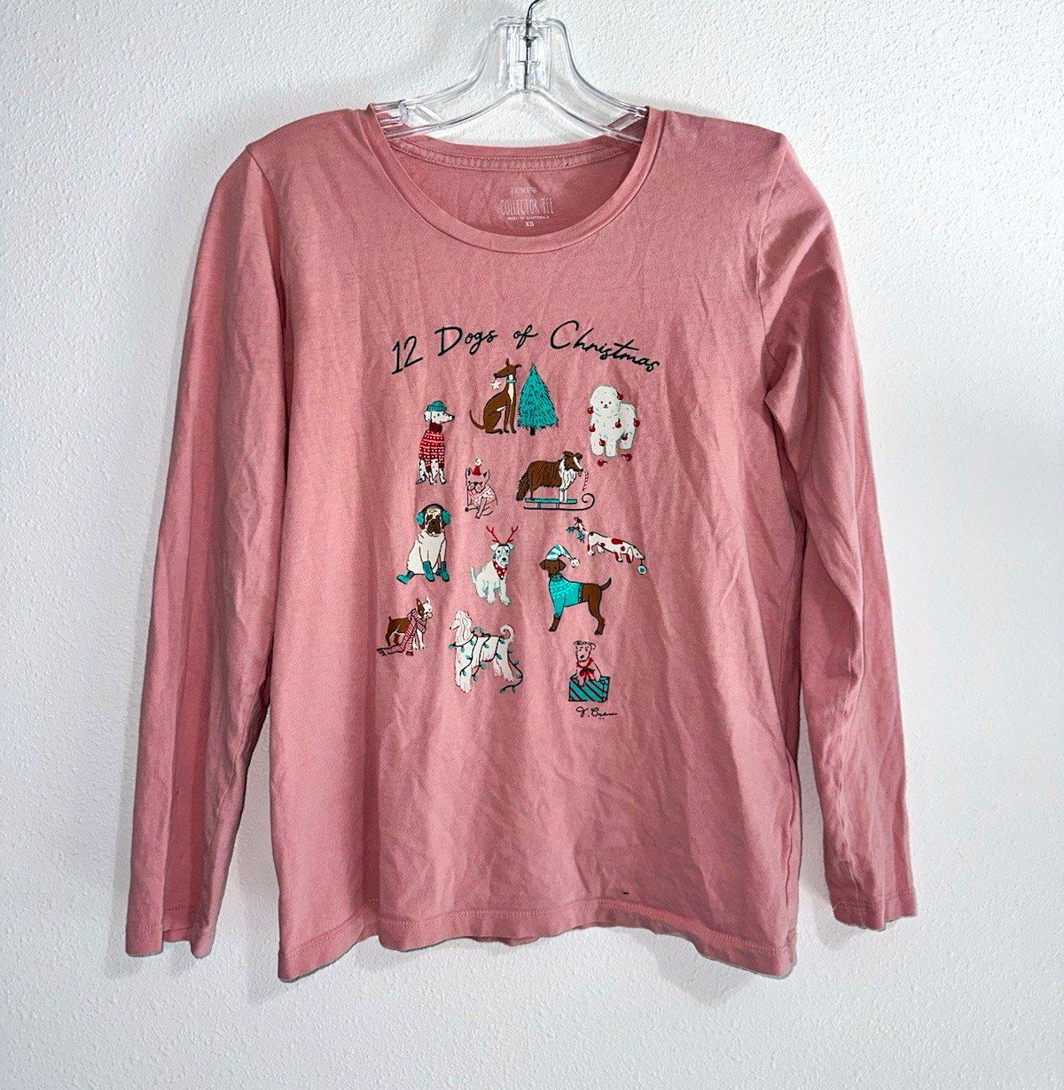 J.CREW 12 Dogs of Christmas Graphic Tee Pink Women’s XS Long Sleeve Crew Neck