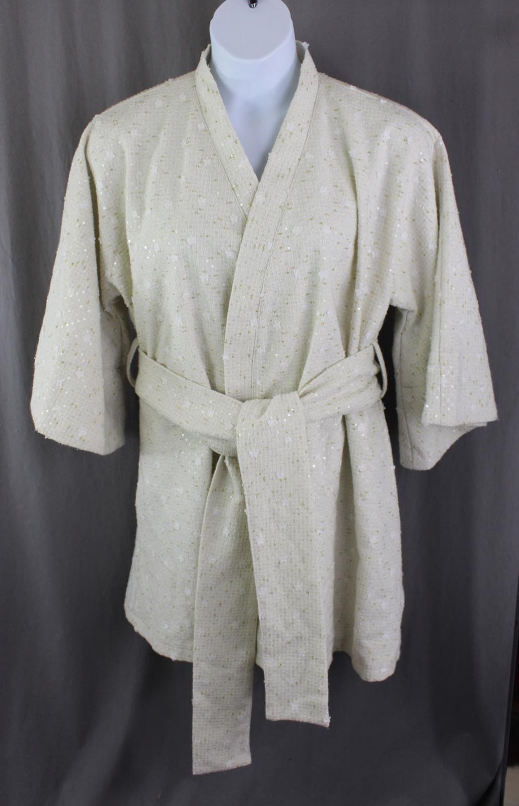 La Vie Style House Women\'s Ivory White Gold Sequin 3/4 Sleeve Belted Jacket XL