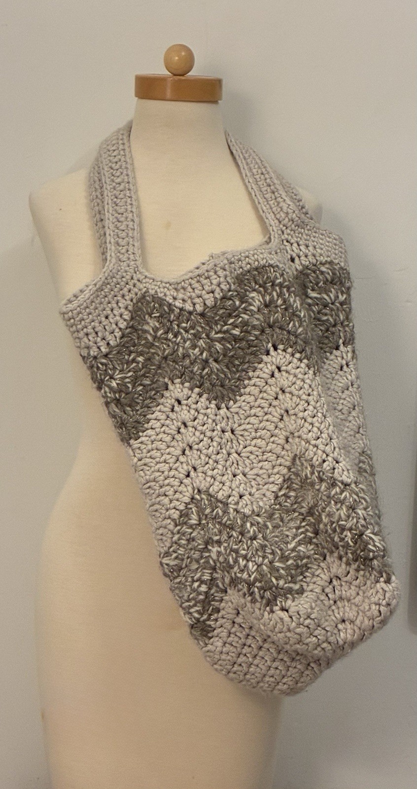 Crochet Shoulder Tote Bag Boho Granny Square Ivory Taupe Sparkle Unbranded