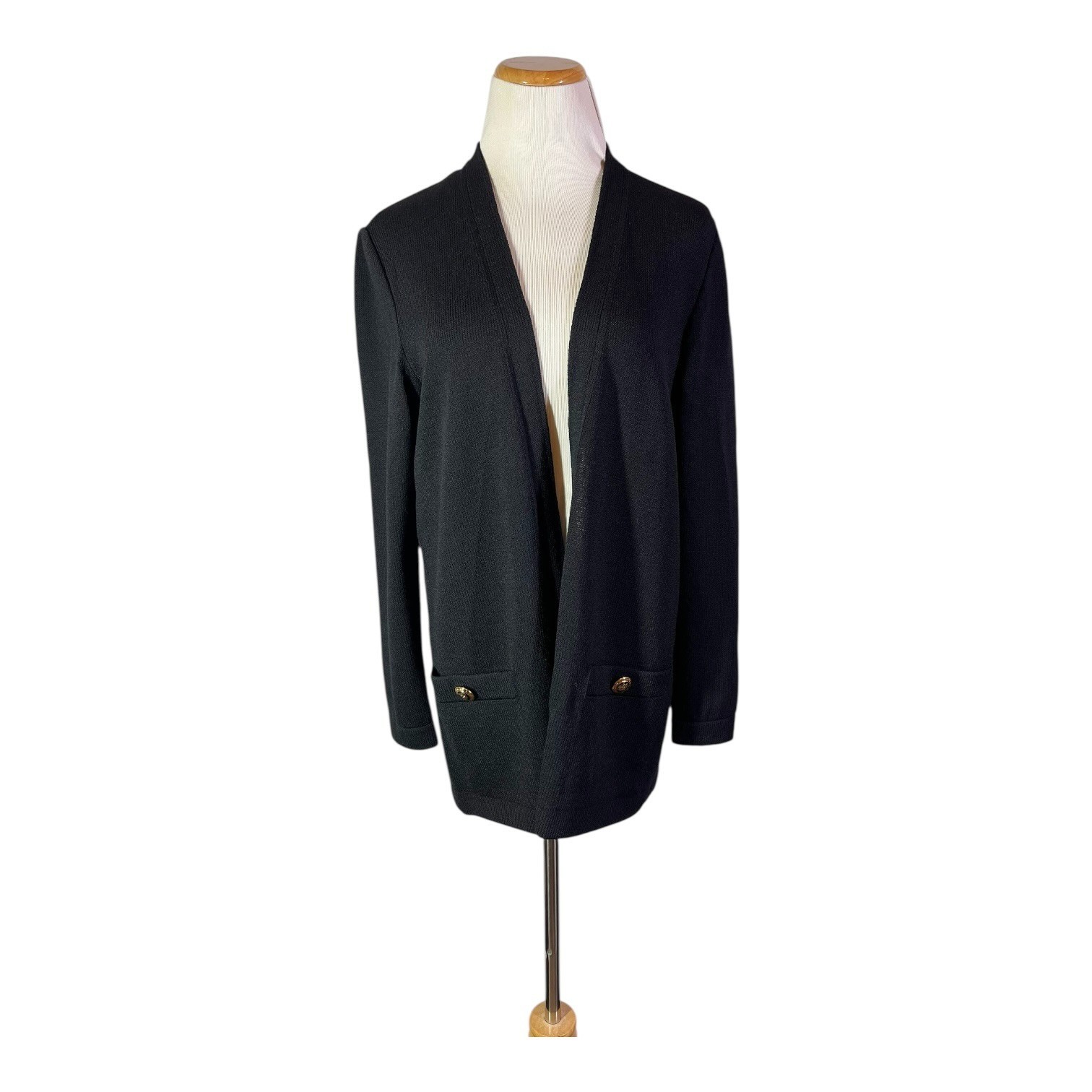 Vintage St. John Basics Size S Open-Front Santana Knit Cardigan Jacket Black