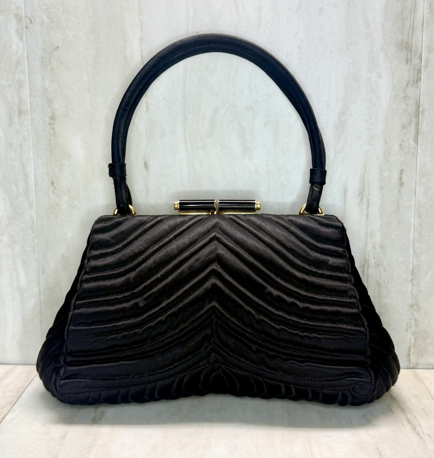 Vtg 1960s Saks Fifth Avenue France Black Satin Trapunto Chevron Handbag Purse