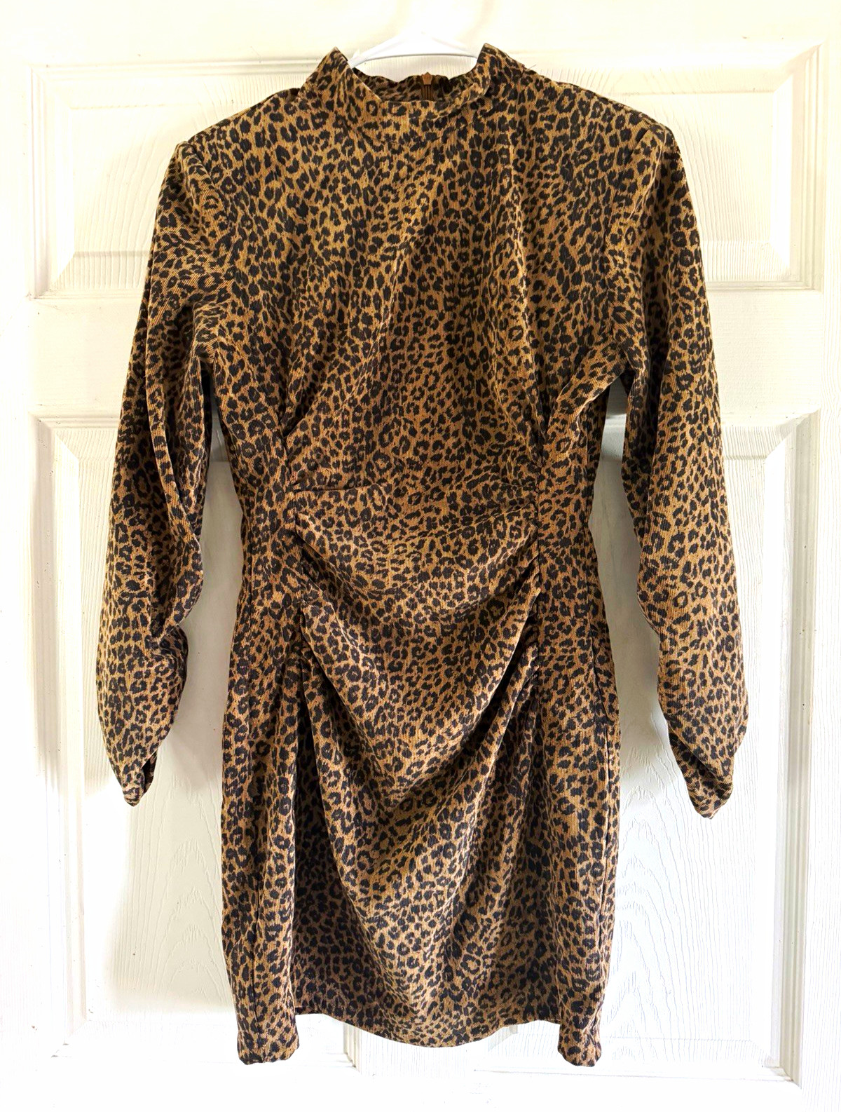 Zara Womens Leopard Print Corduroy Mock Neck Ruched Sleeve Bodycon Mini Dress M
