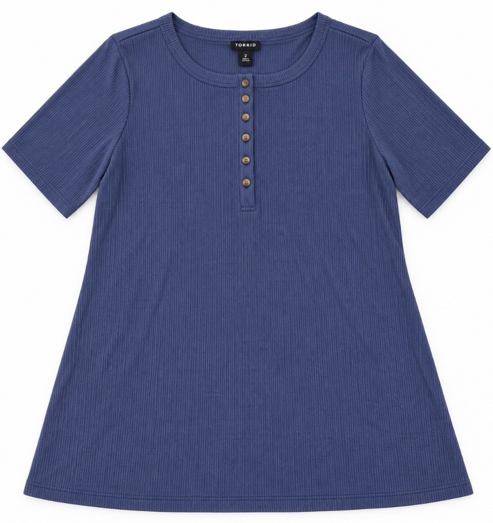 Torrid Size 2 NWT Blue Ribbed Henley Short Sleeve Tunic Top Button Front