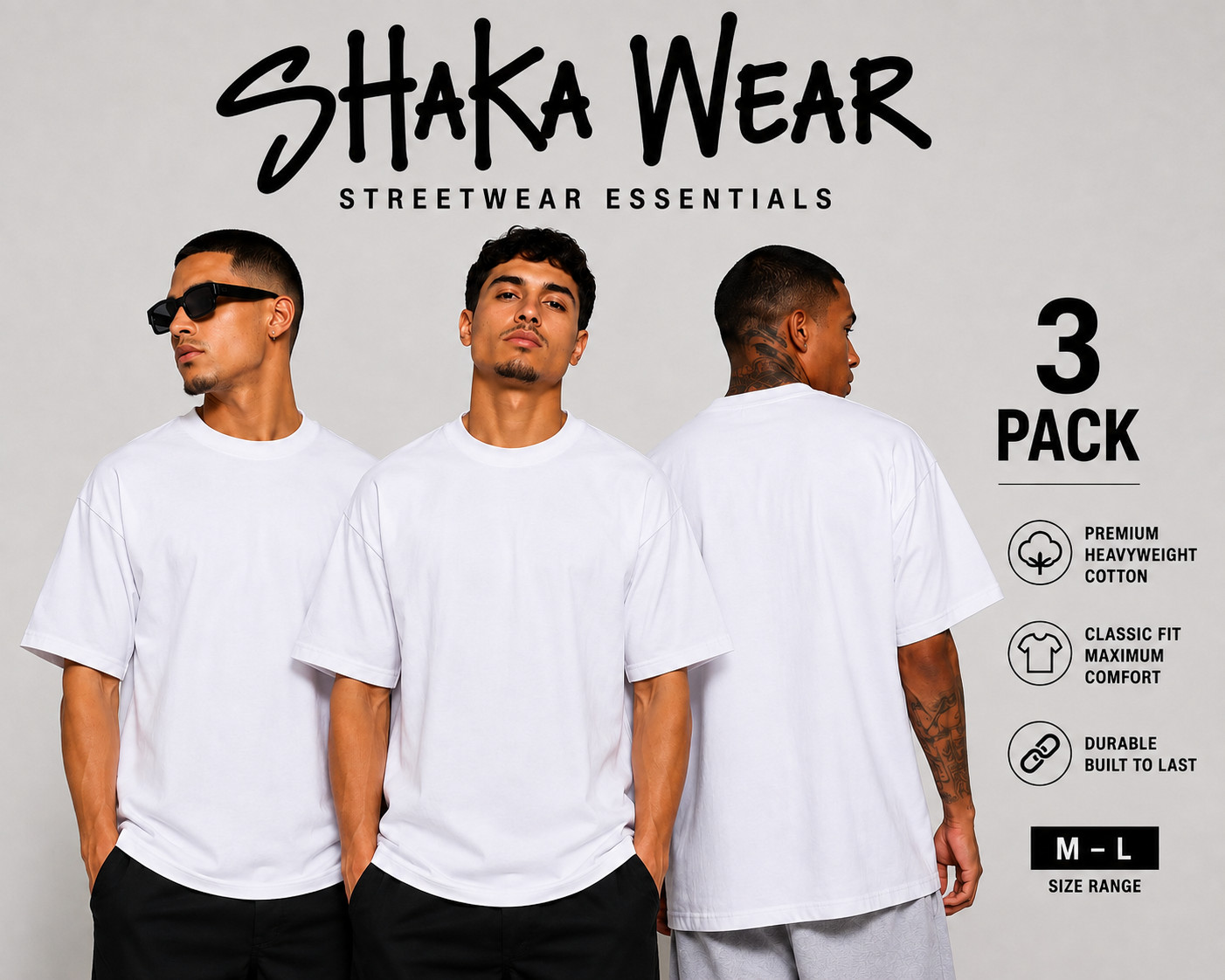 3 PACK SHAKAWEAR MENS MAX HEAVYWEIGHT SHORT SLEEVE T SHIRTS SHAKA WEAR TEE