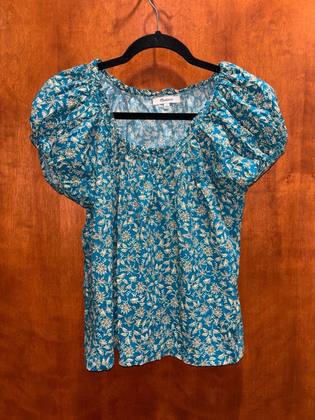 Madewell Scoopneck Puff-Sleeve Top Size 2 Blue Floral