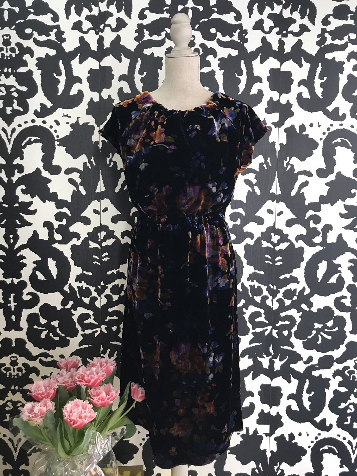 Silk Velvet Tailored Dress Black Flower Dress Size 42