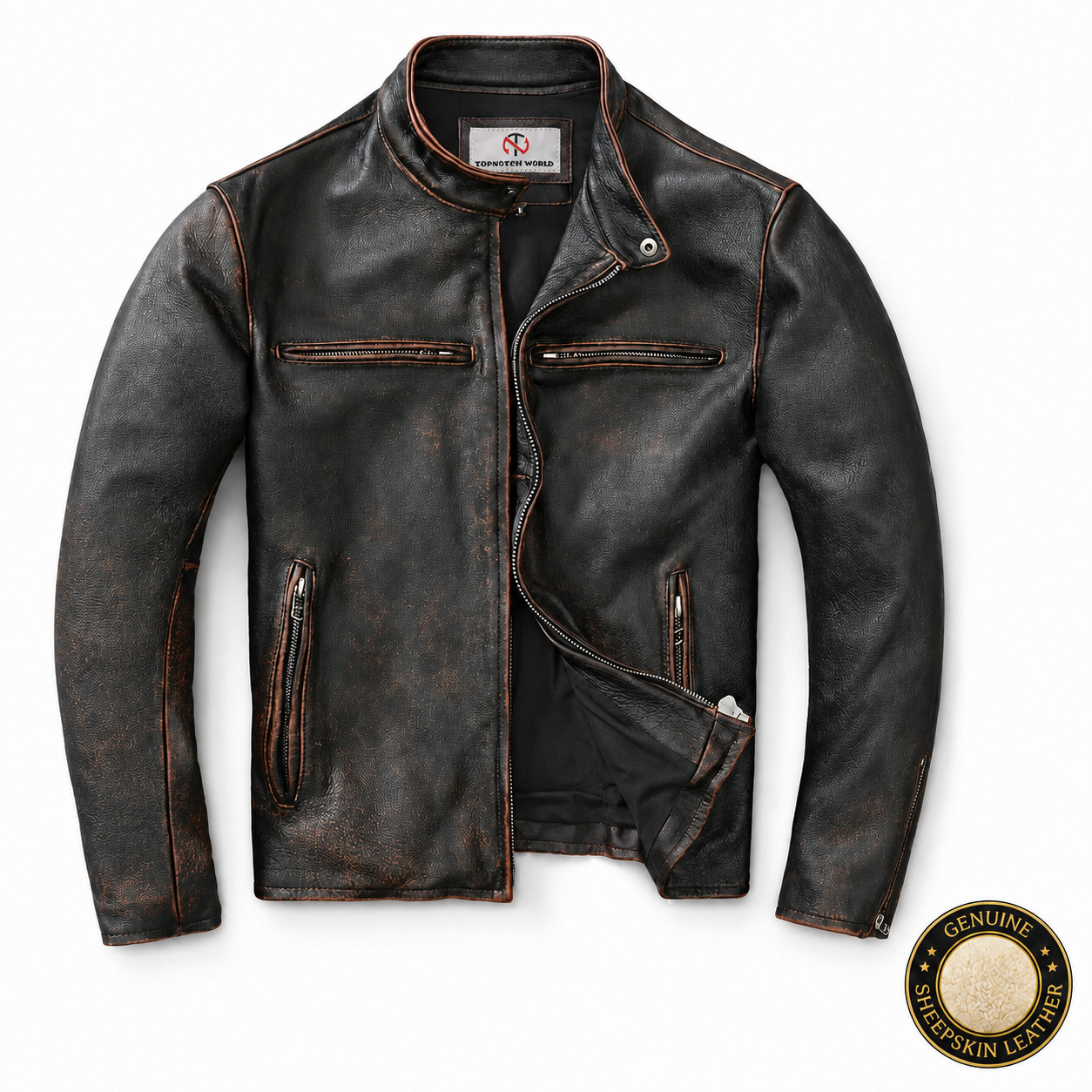 Cafe Racer Men\'s Motorcycle Biker Sheepskin Leather Jacket Distressed, Vintage