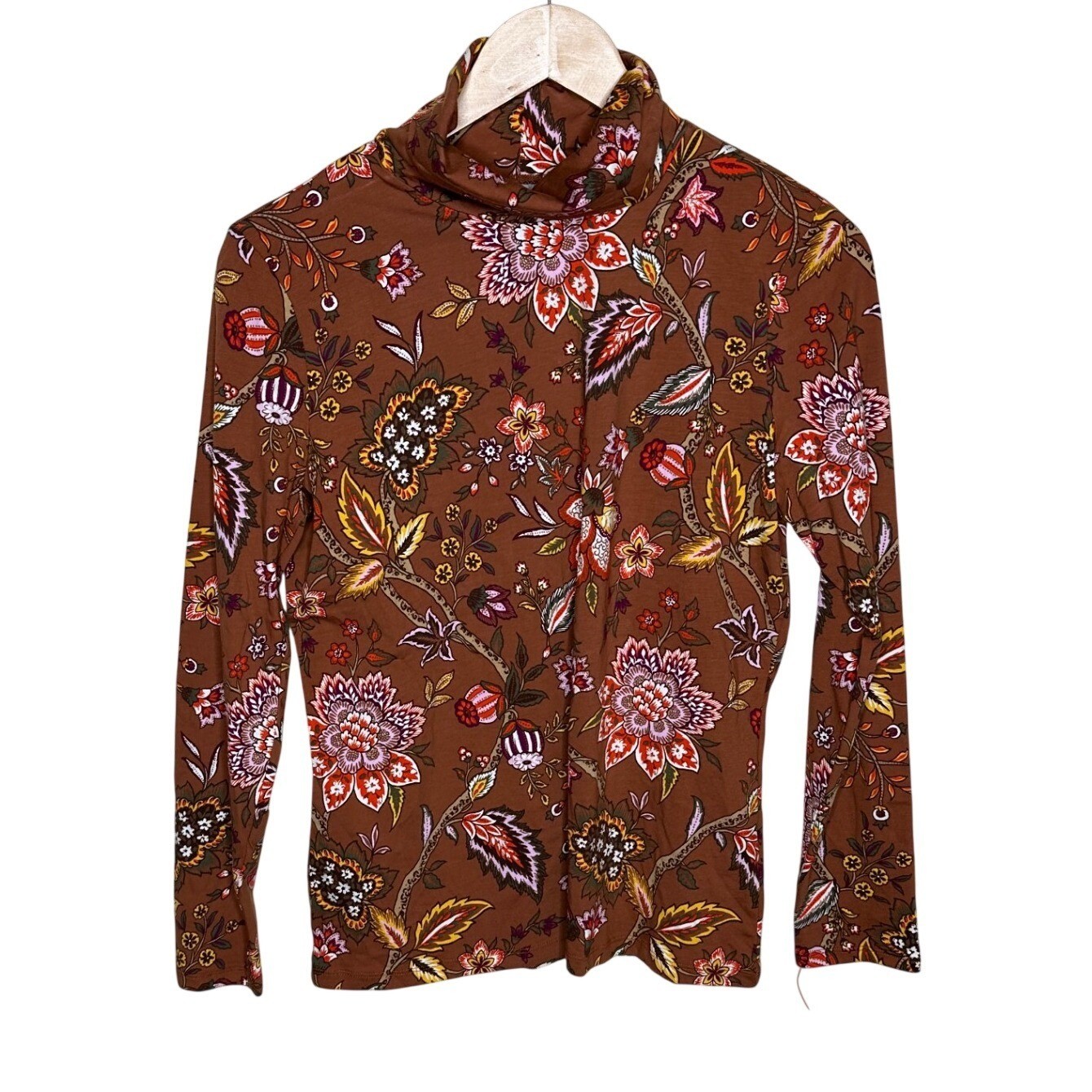 NWT Talbots Floral Paisley Print Turtle Neck Long Sleeve Top size Medium Brown