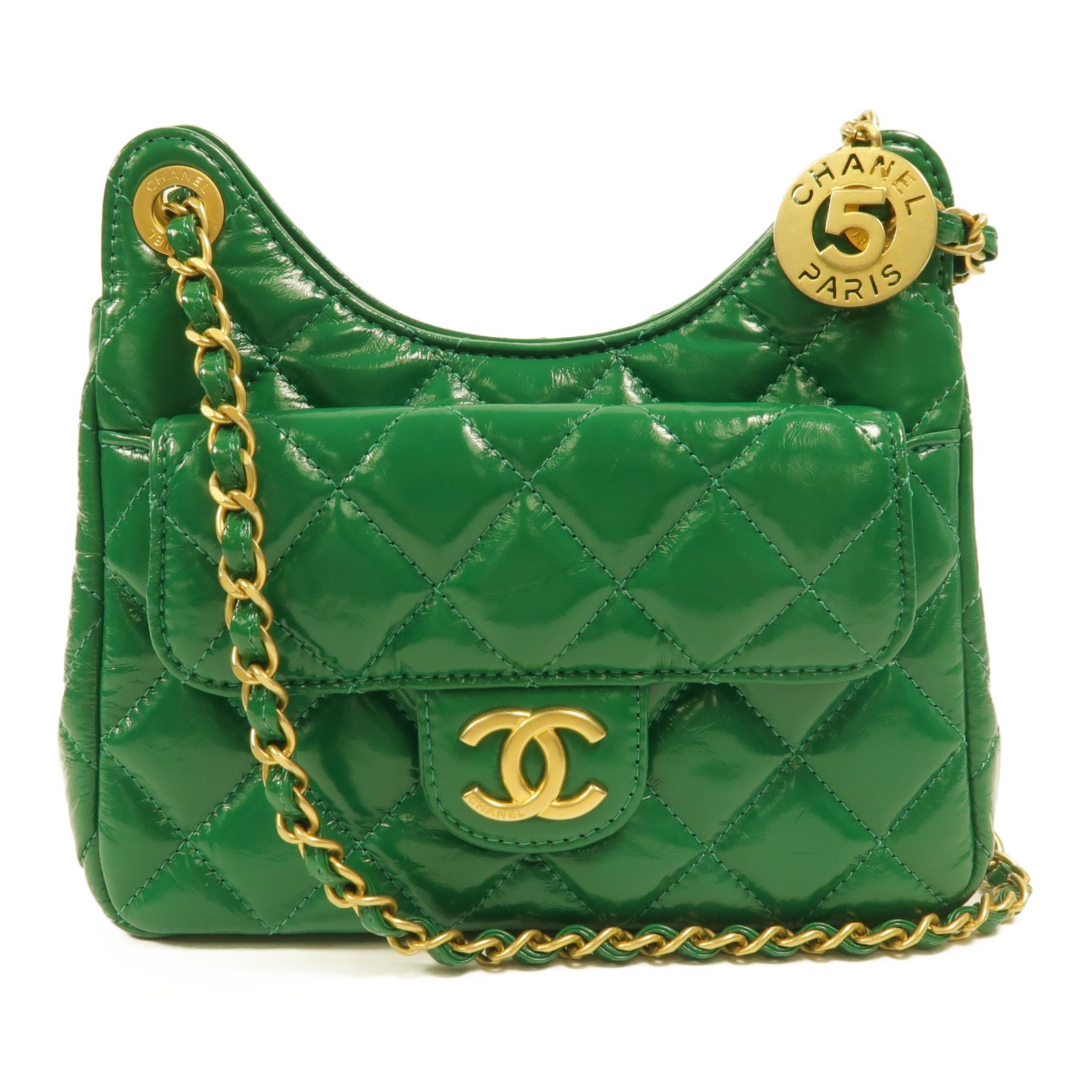 CHANEL CC GHW Wavy CC Hobo Small Chain Shoulder AS4324 Calfskin Leather Green