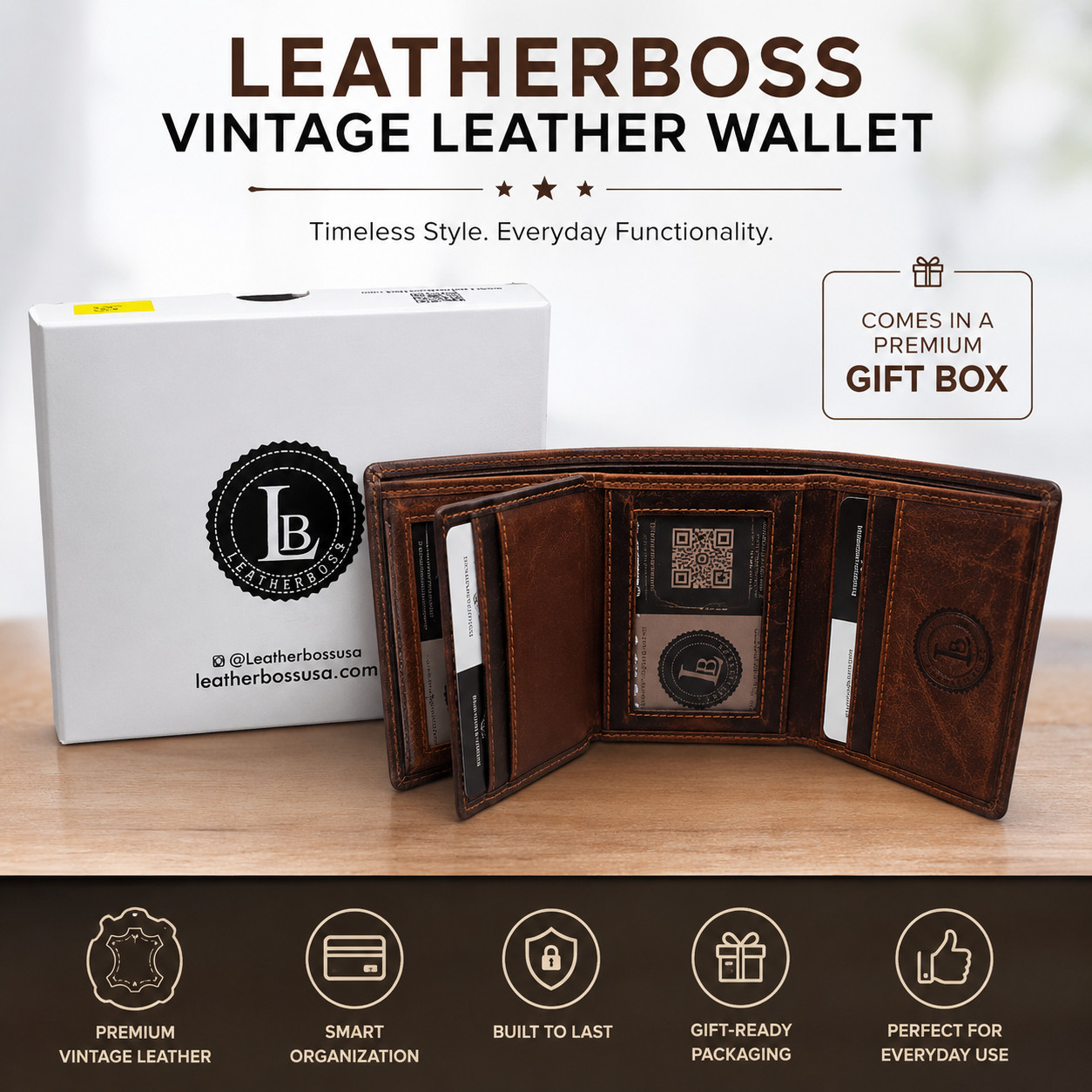 Leatherboss Mens RFID Blocking Hunter Leather Credit Card ID Trifold Wallet