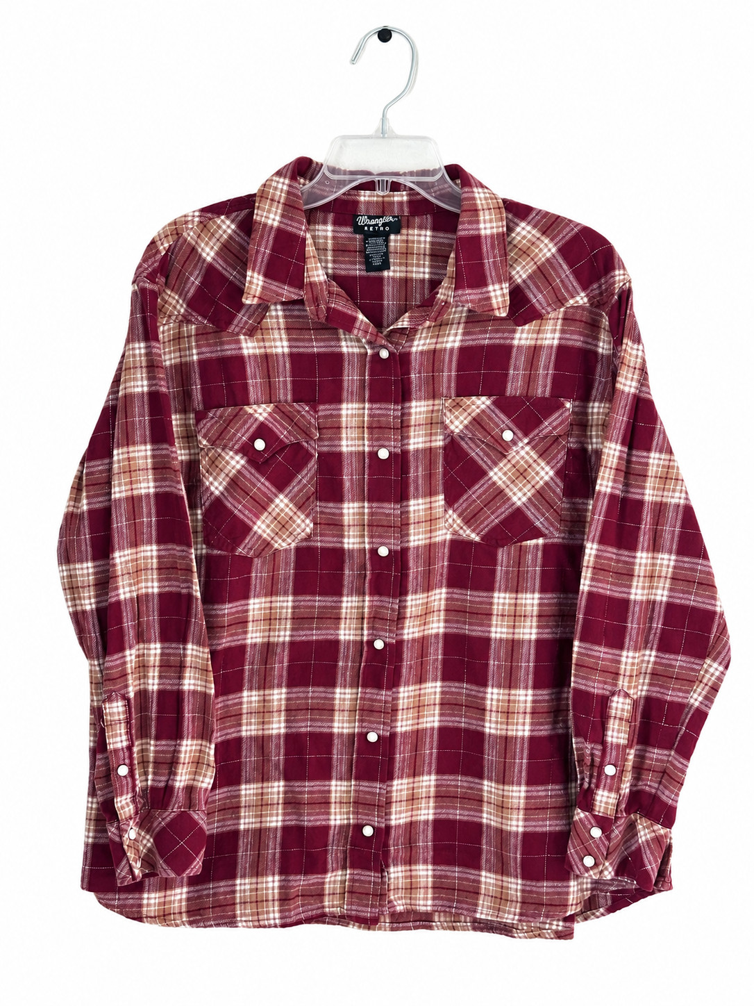 Wrangler Retro Women XL Burgundy Plaid Pearl Snap Western Shirt Lurex Cowgirl
