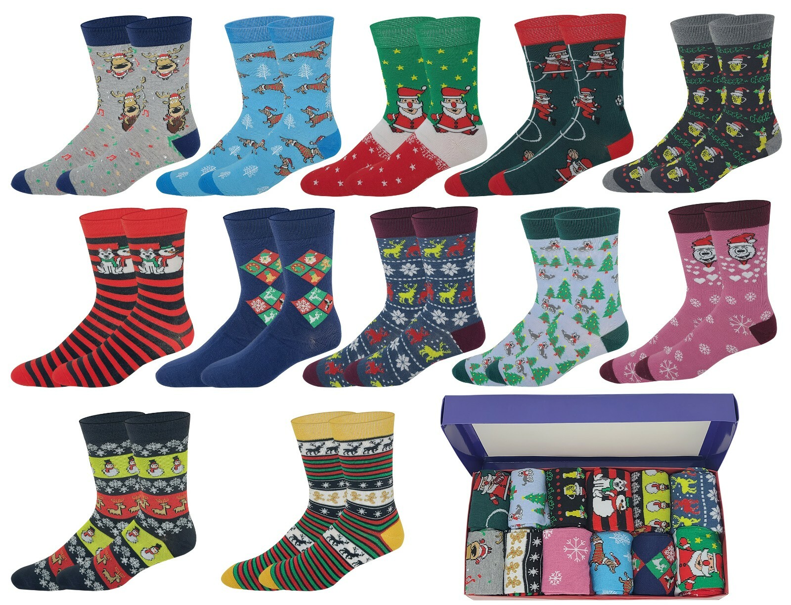 Different Touch Men 12 Pairs Novelty  Christmas Holiday Socks With Gift Box