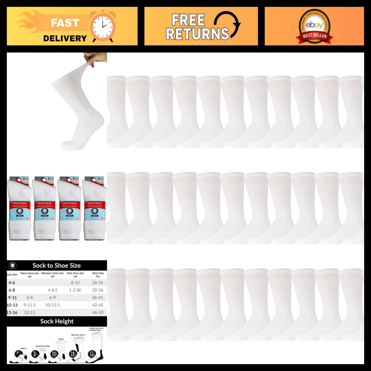 60 Pairs Men\'s Extra Large Cotton Crew Socks for Diabetic Neuropathy, Size 12-14