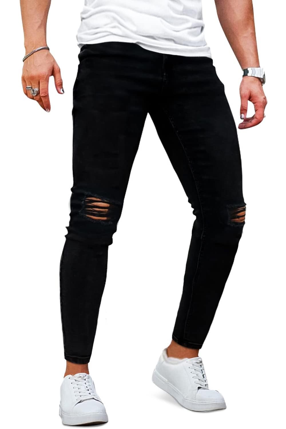 Men\'s Ripped Jeans Slim Fit Skinny Stretch Jeans Pants (Black Washed) Size 32