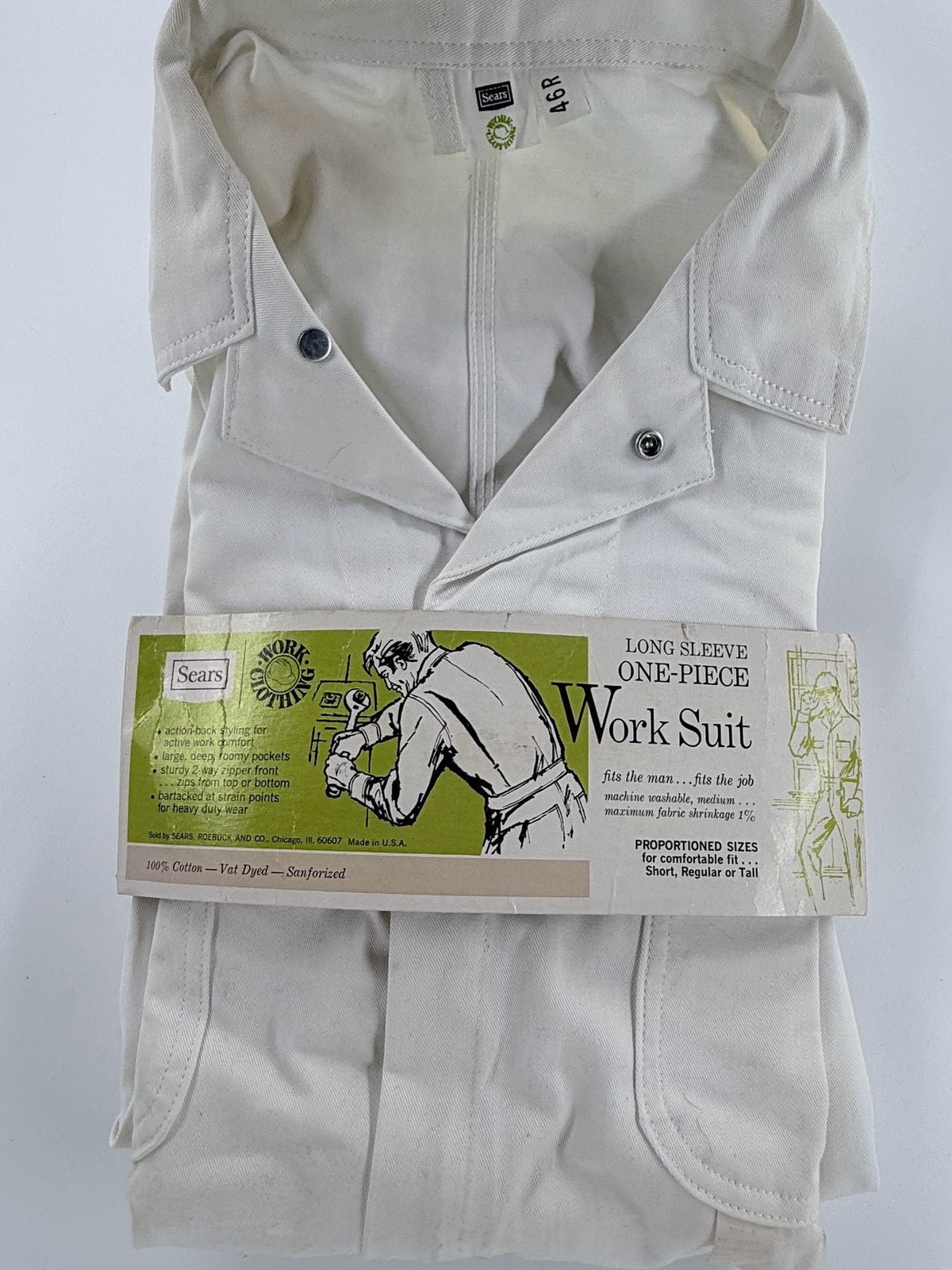 Vintage 60s 70s Sears Deadstock Coveralls 46R White USA NOS Workwear