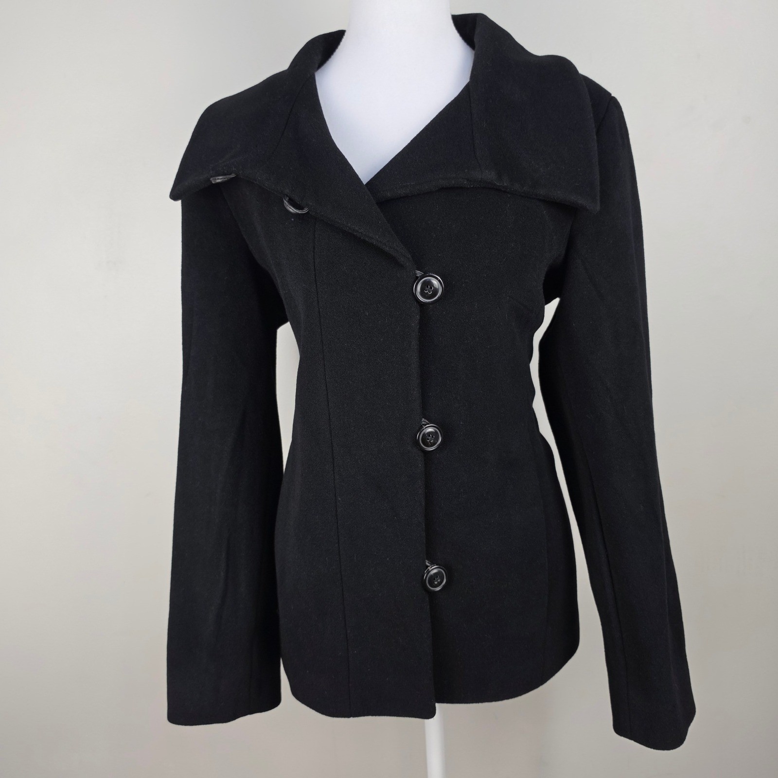 Cole Haan Black Wool Blend Funnel Neck Asymmetrical Button Coat Jacket Womens 6