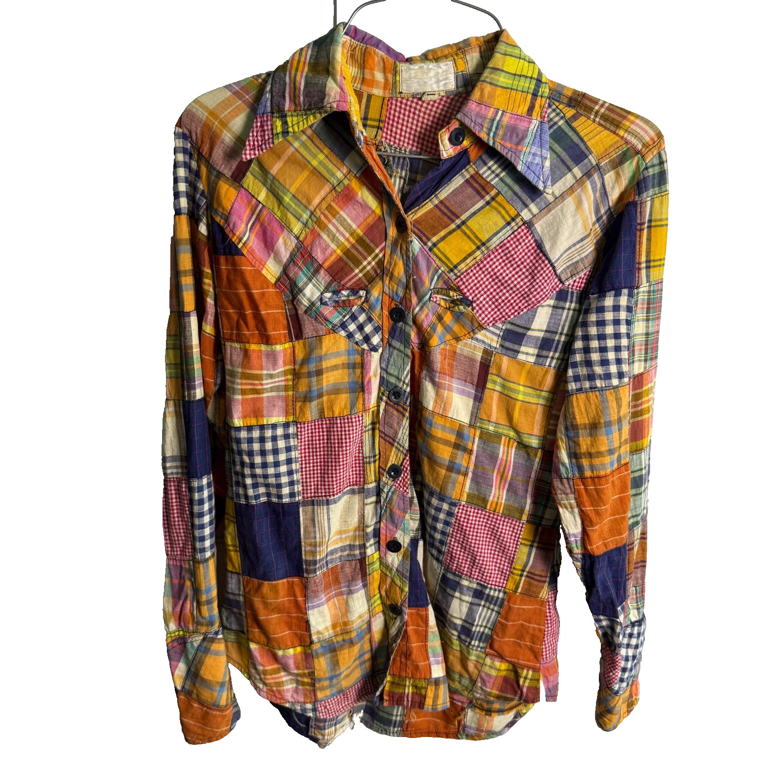 1970s Patchwork Plaid Western Shirt Handmade In Mexico Cotton Boho 9/10 Vintage