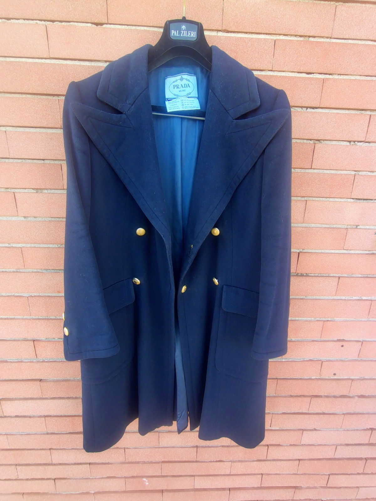 Archival Vintage Prada Milano Men\'s Navy Wool-Cashmere Belted Pea Coat (80s/90s)