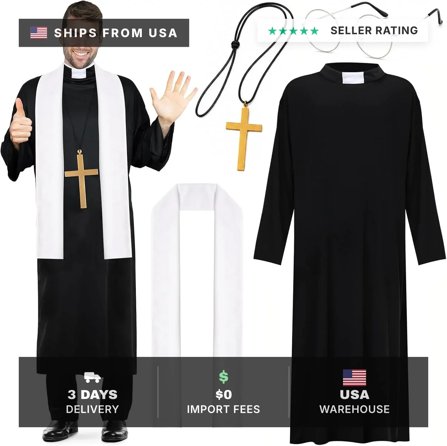 4 PCS Priest Costume for Men Include Robe Stole Plastic Cross Glasses for Adults