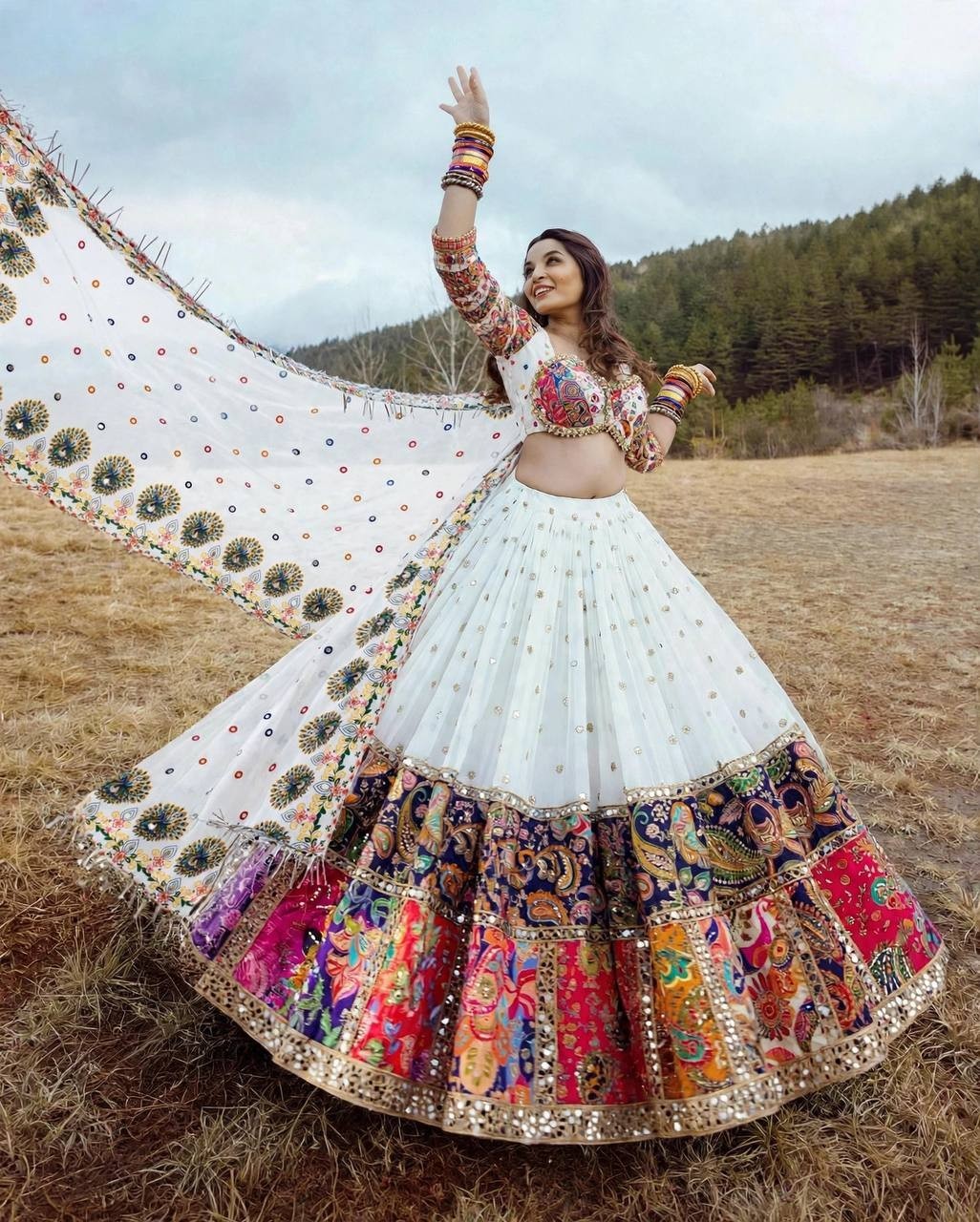 Women’s Multicolor Muslin Silk Lehenga Choli Set Navratri Mirror Work