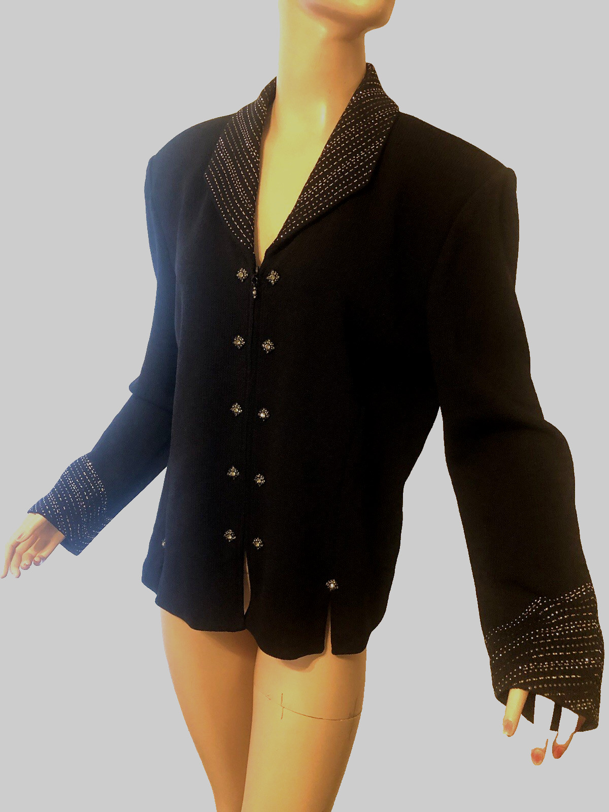 ST JOHN EVENING BLACK SANTANA KNIT BLAZER JACKET SHINY PAILLETTES ZIP FRONT   14