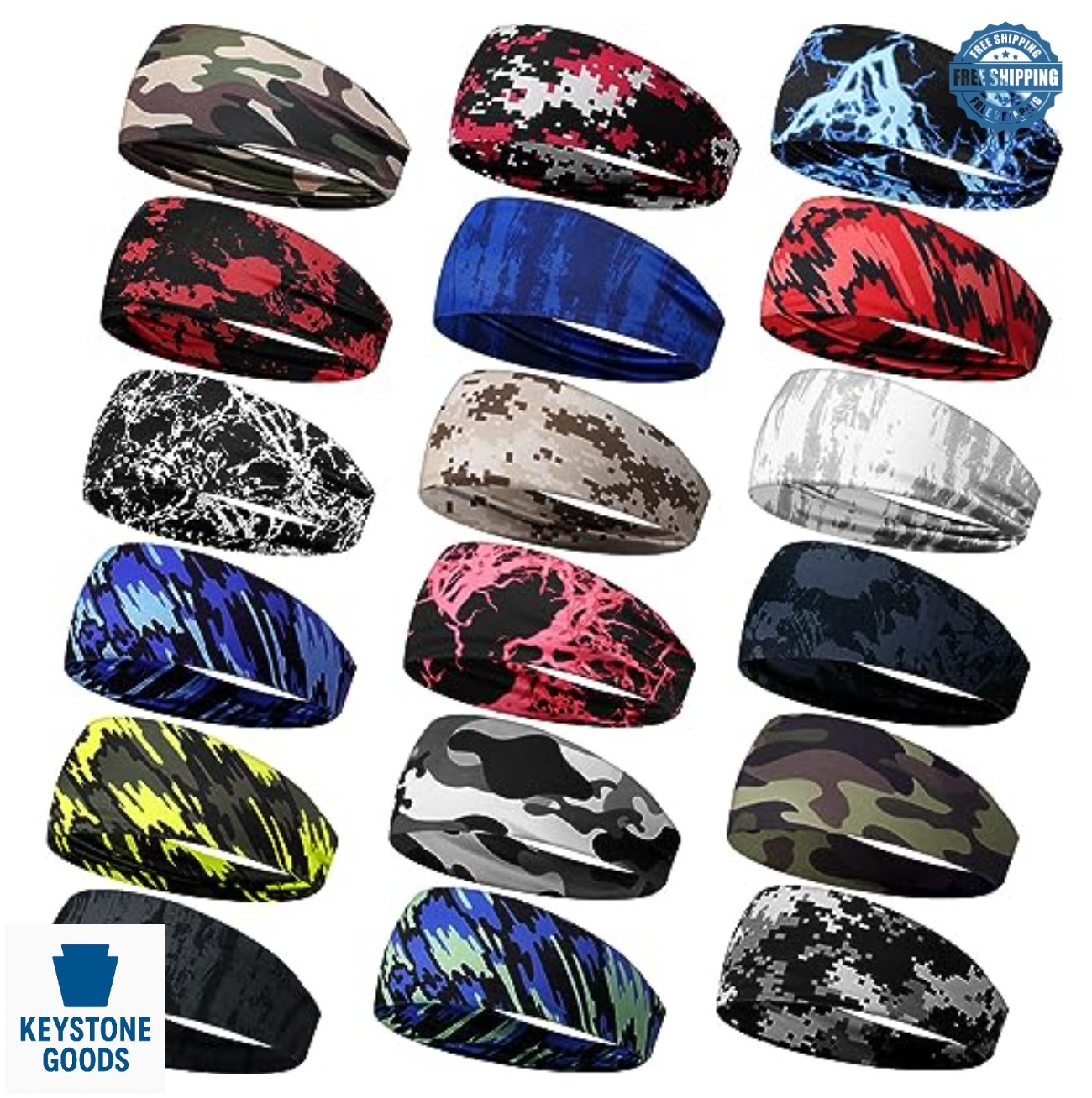 18 Pcs Sports Sweatbands Camo Headbands 20 Inch Nylon Spandex Non Slip Unisex