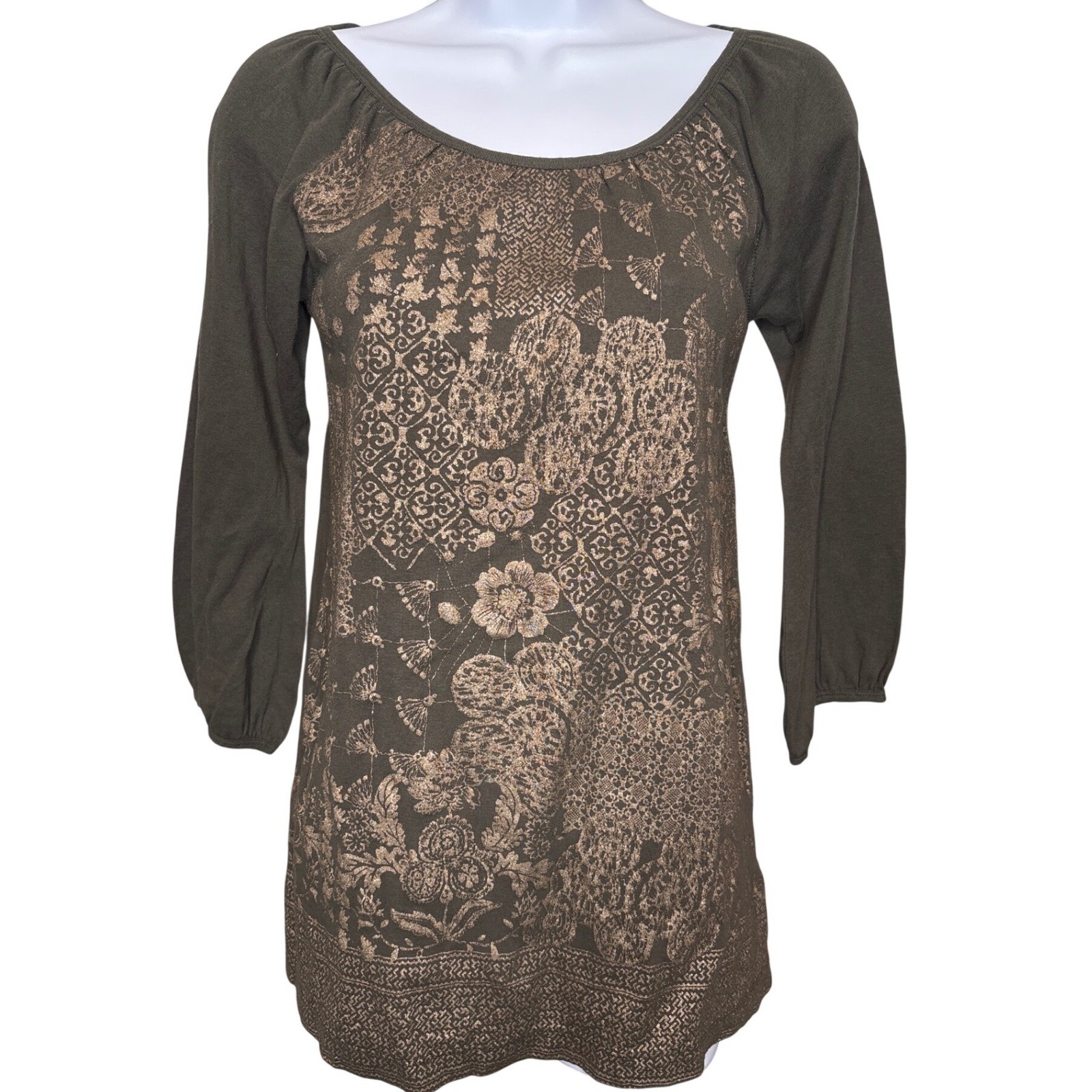NWT ANTHROPOLOGIE TINY Womens Olive Green Gold Metallic Floral Top Sz M Boho