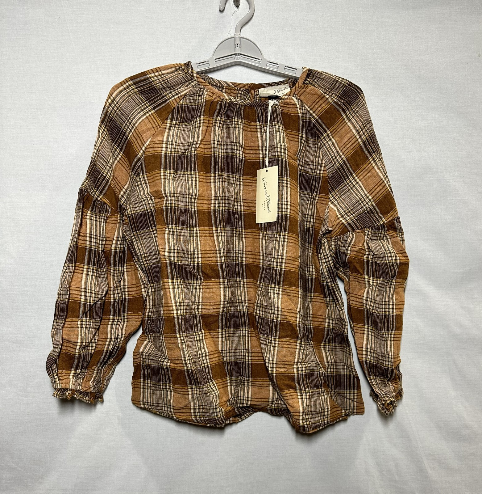 Women\'s Universal Thread Dressy Long Sleeve Crewneck Popover Top, Brown Plaid L