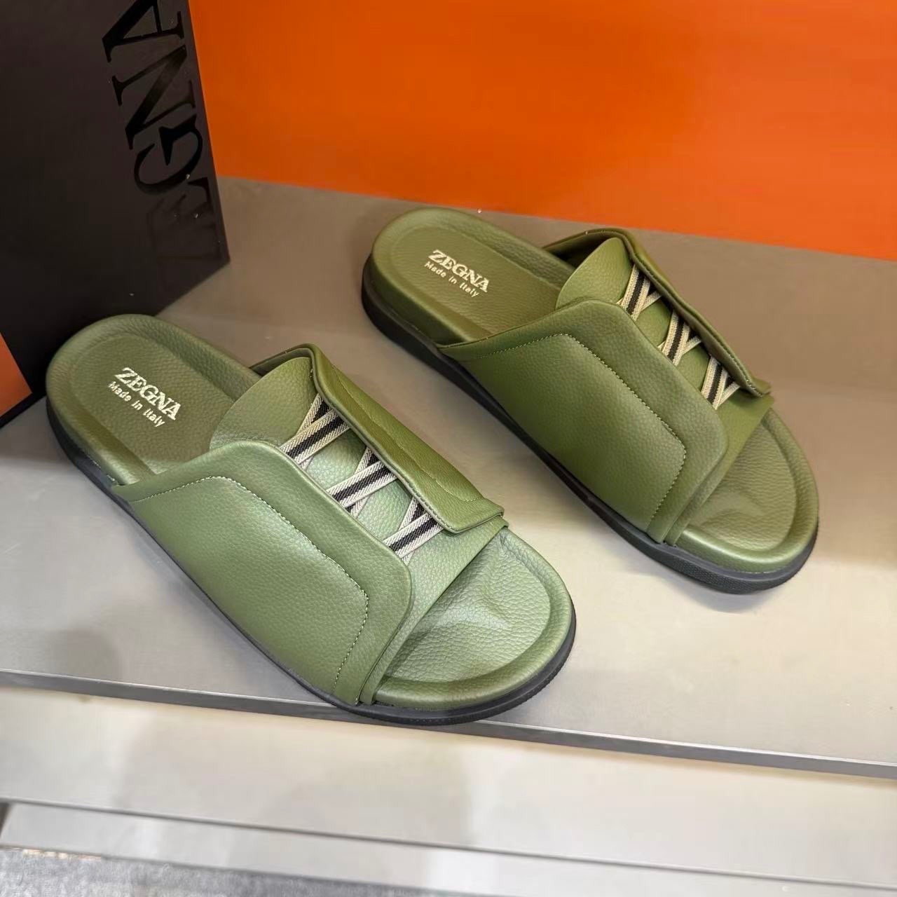Zegna Olive Green Leather Men\'s Slide Sandals Casual Slippers